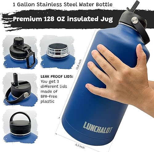 Miniatura 3 de Botella de agua de 1 galón aislada  Jarra de agua de metal de acero inoxidable de 128 onzas con soporte  Bolsa de transporte  Asa de boquilla  Tapas