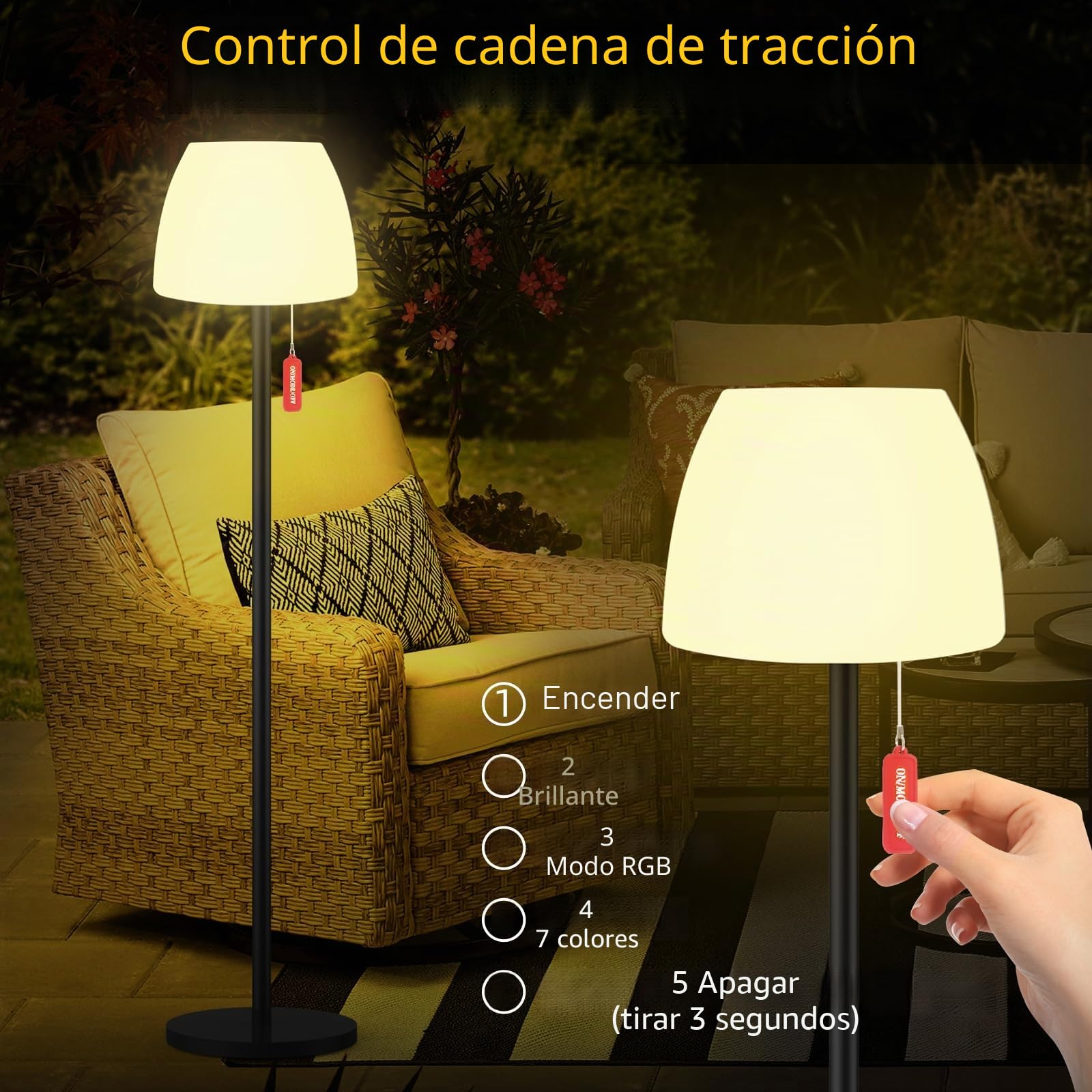 Lámpara de pie solar para exteriores con sensor de luz, regulable, blanco cálido y RGB, lámpara de pie inalámbrica, recargable, lámpara de pie LED solar, resistente al agua
