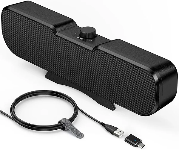 Computer Speakers for Desktop PC Monitor, Easy Volume Knob, Sturdy Clamp, Basic Sound, Laptop Speakers with Compact Design, USB/USB C Adapter for Power and Audio(Black)