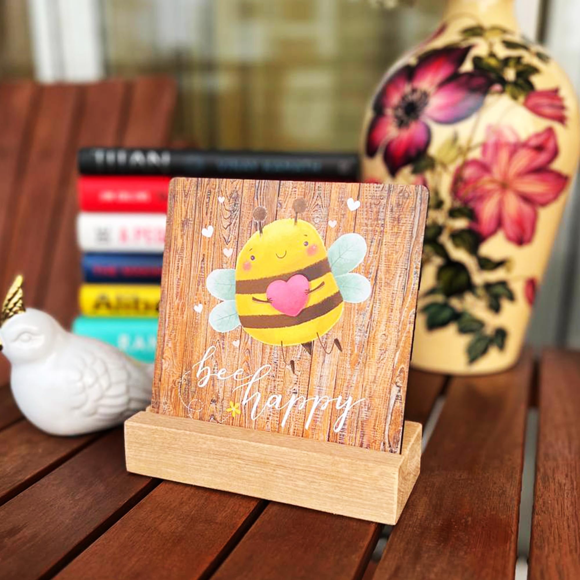 RAG28 Wooden Flower Bee Happy Office Table Decor Showpiece Home Decor Items (Size: 6X6 Inches, EK4)