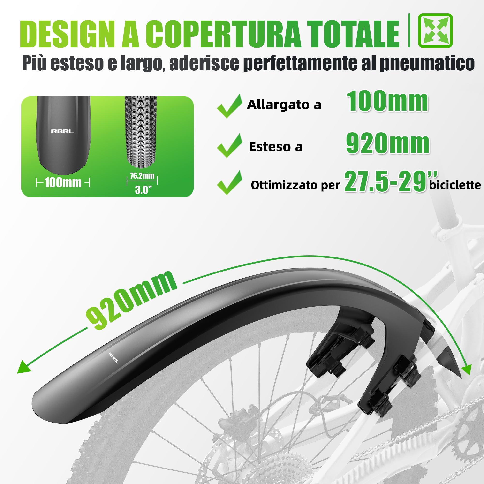 RBRL Set di parafanghi per bicicletta anteriore e posteriore – Parafanghi MTB compatibili con pneumatici da 27,5/29 pollici fino a 3,0" – robusto paraspruzzi contro fango, parafango, fango e acqua