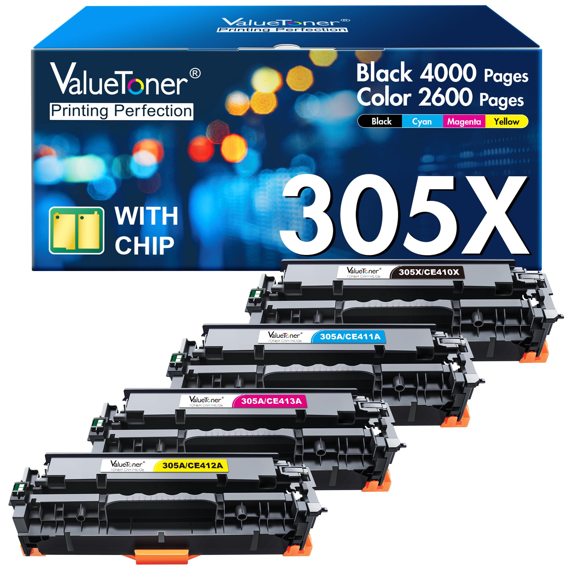 Valuetoner Remanufactured Toner Cartridge Replacement for HP 305A 305X CE410A CE410X CE411A CE412A CE413A for LaserJet Pro 400 M451dn M451nw M475dn M475dw M451dw M375nw (Black, Cyan, Magenta, Yellow)
