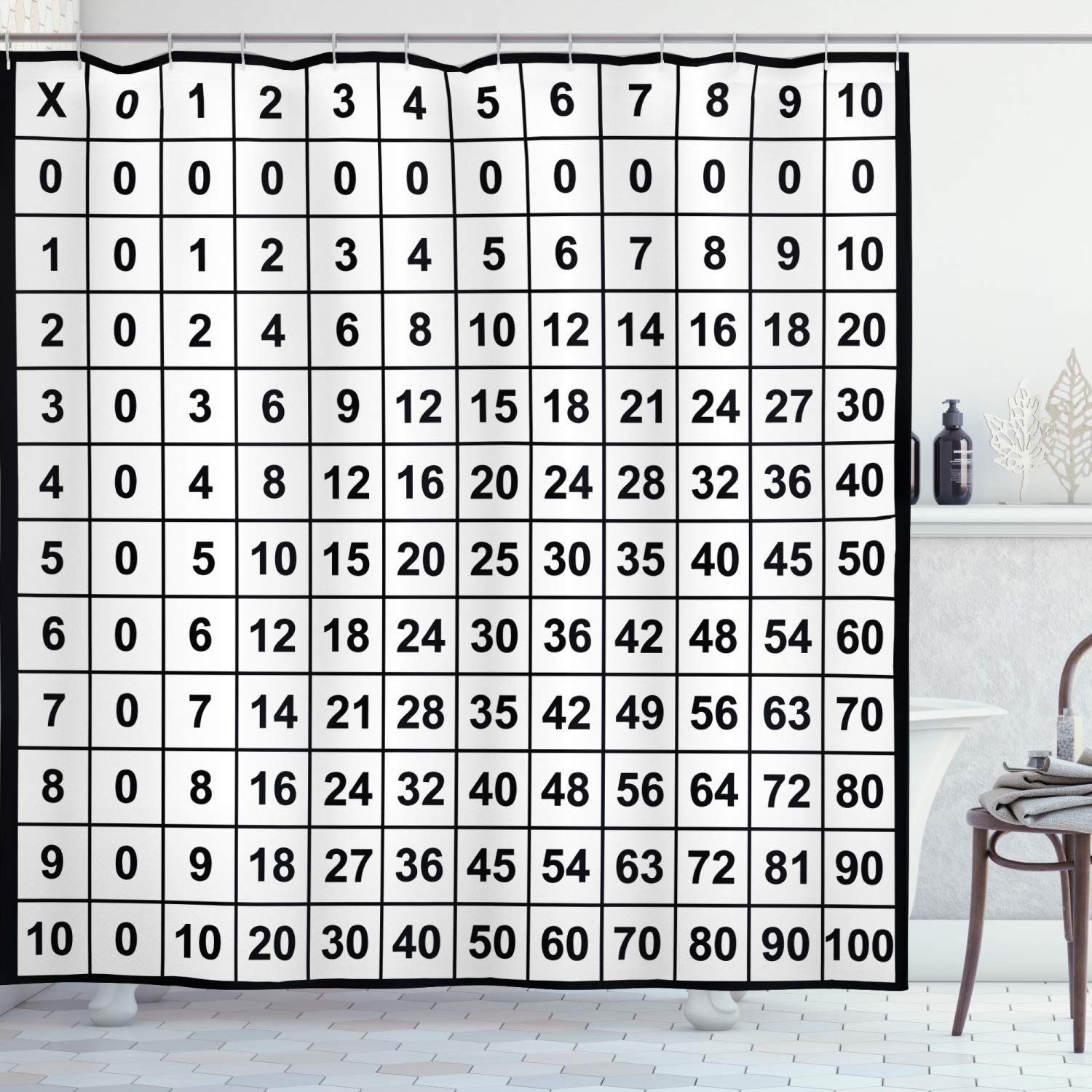 Ambesonne Mathematics Room Shower Curtain, Multiplication Table in Black and White Learning, Cloth Fabric Bathroom Decor Set with Hooks, 69" W x 75" L, White Black