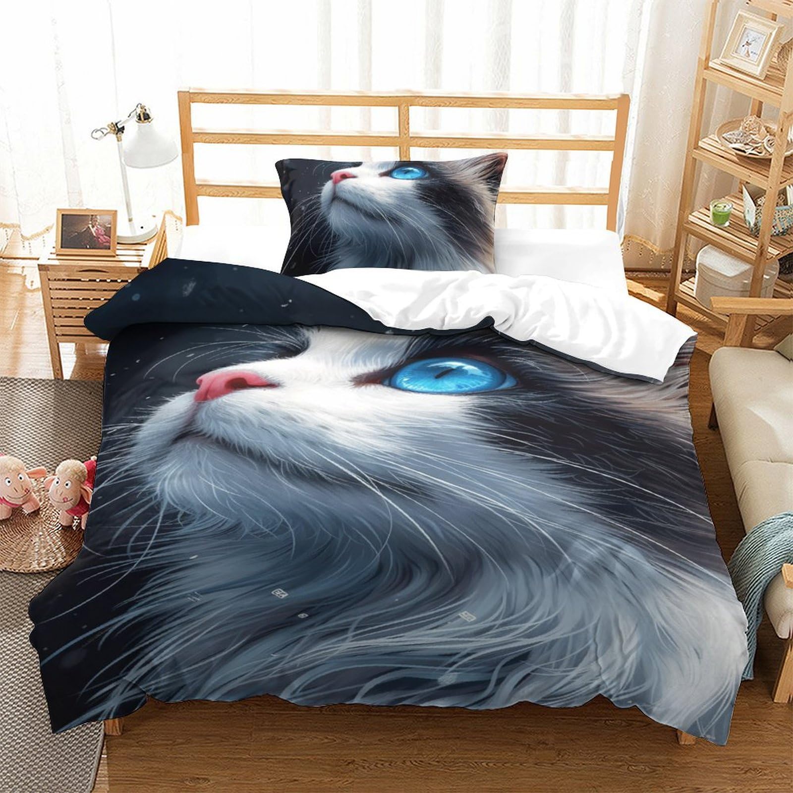 Housse de couette chat 3D 135x200 en microfibre avec ses 2 taies d'oreiller
