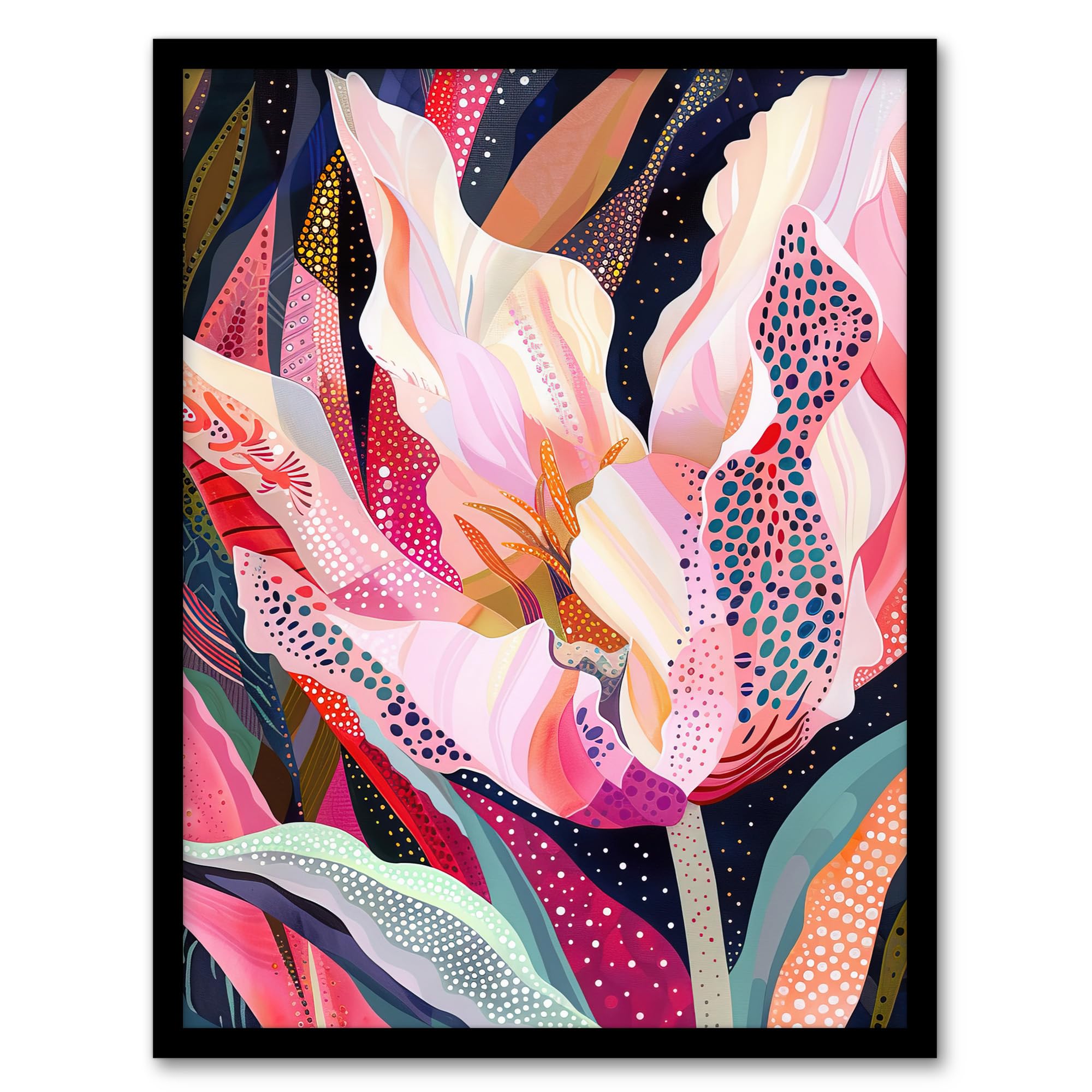 Artery8 Dutch Tulip Mania Colourful Flower Folk Patterns Living Room Artwork Framed Wall Art Print 18X24 Inch