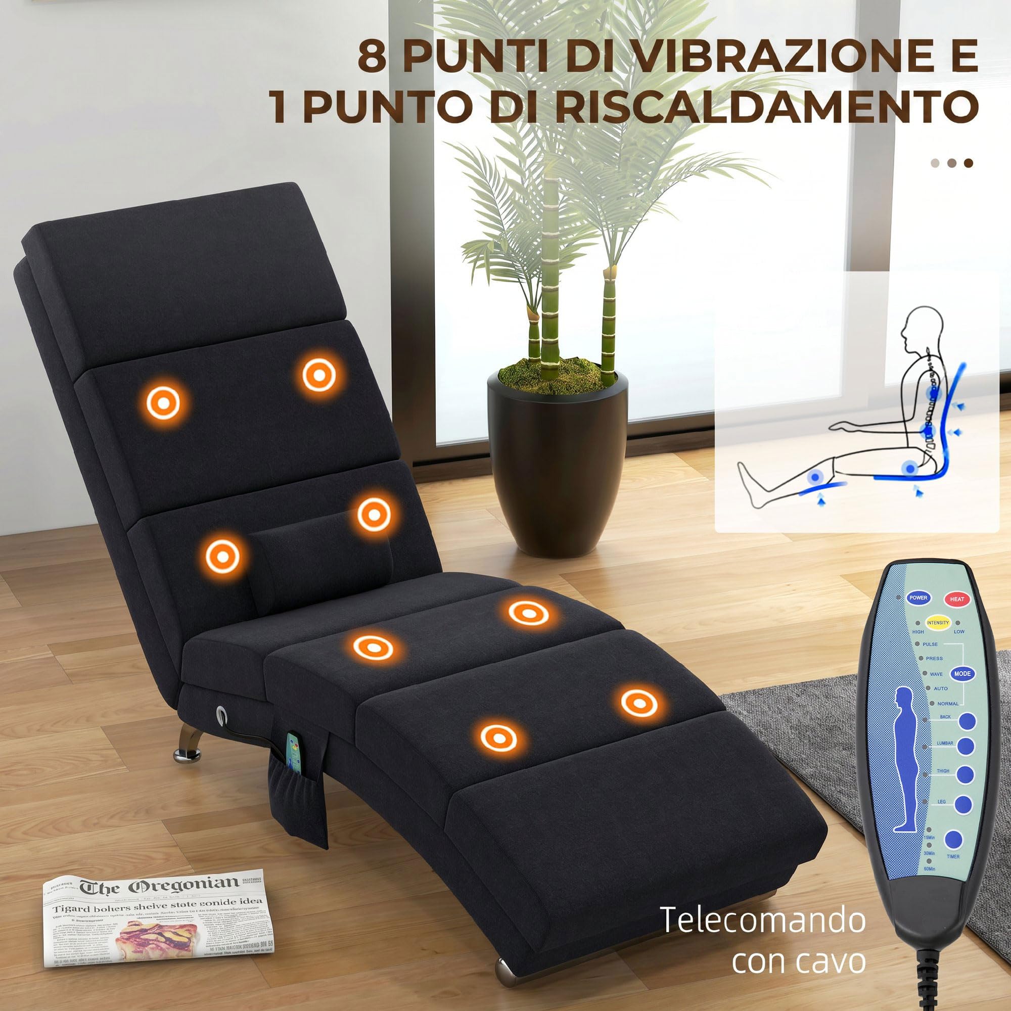 HOMCOM Poltrona Relax Massaggiante in Tessuto Effetto Lino, Nero