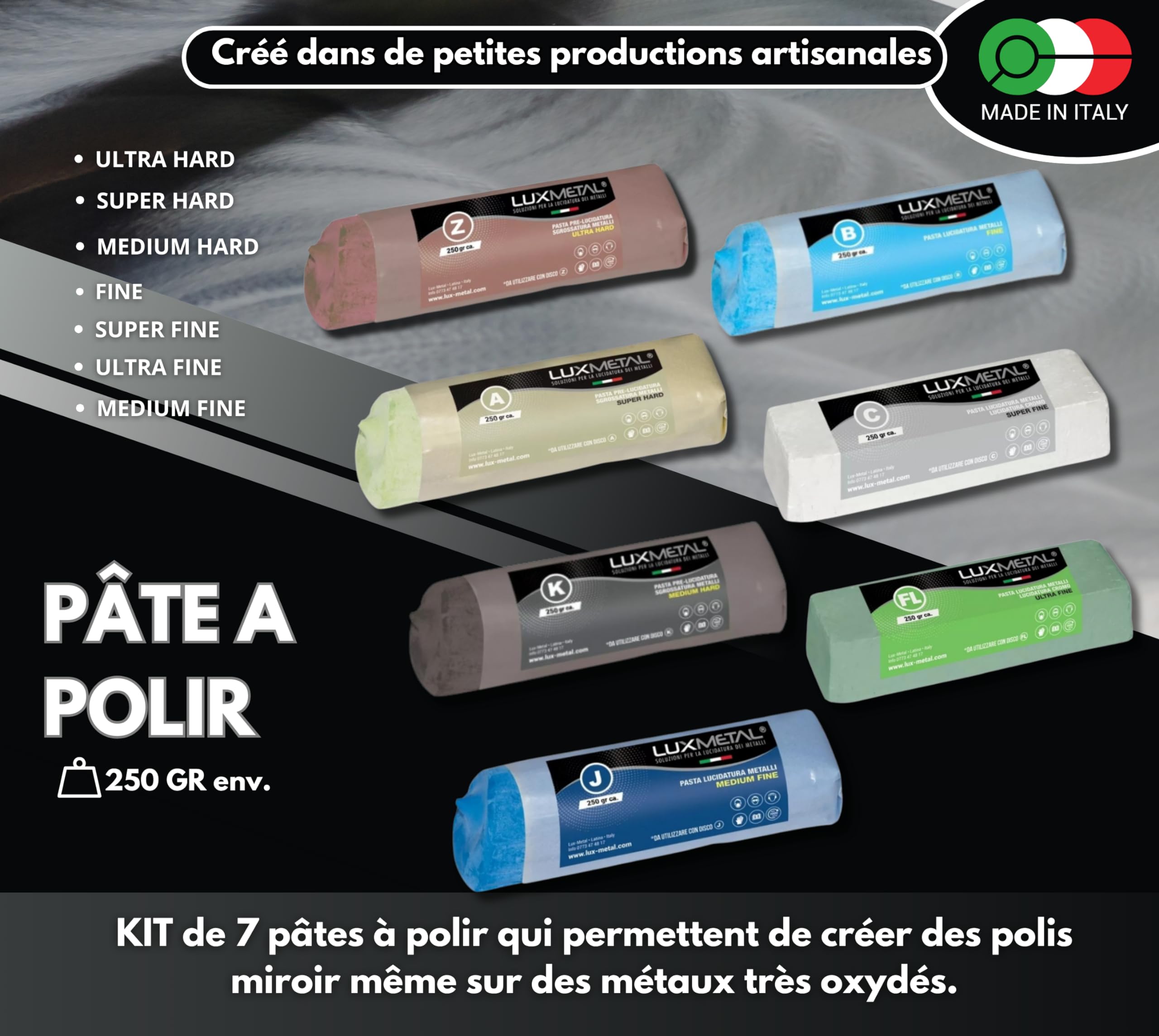 Kit 7 Pate a Polir 250 gr A-B-C-Z-K-J-FL Set Polissage Acier Inoxydable Cire Solide Pour Polissage Métaux Miroir Aluminium Poli Chrome Plexiglass Marbre Laiton Cuivre