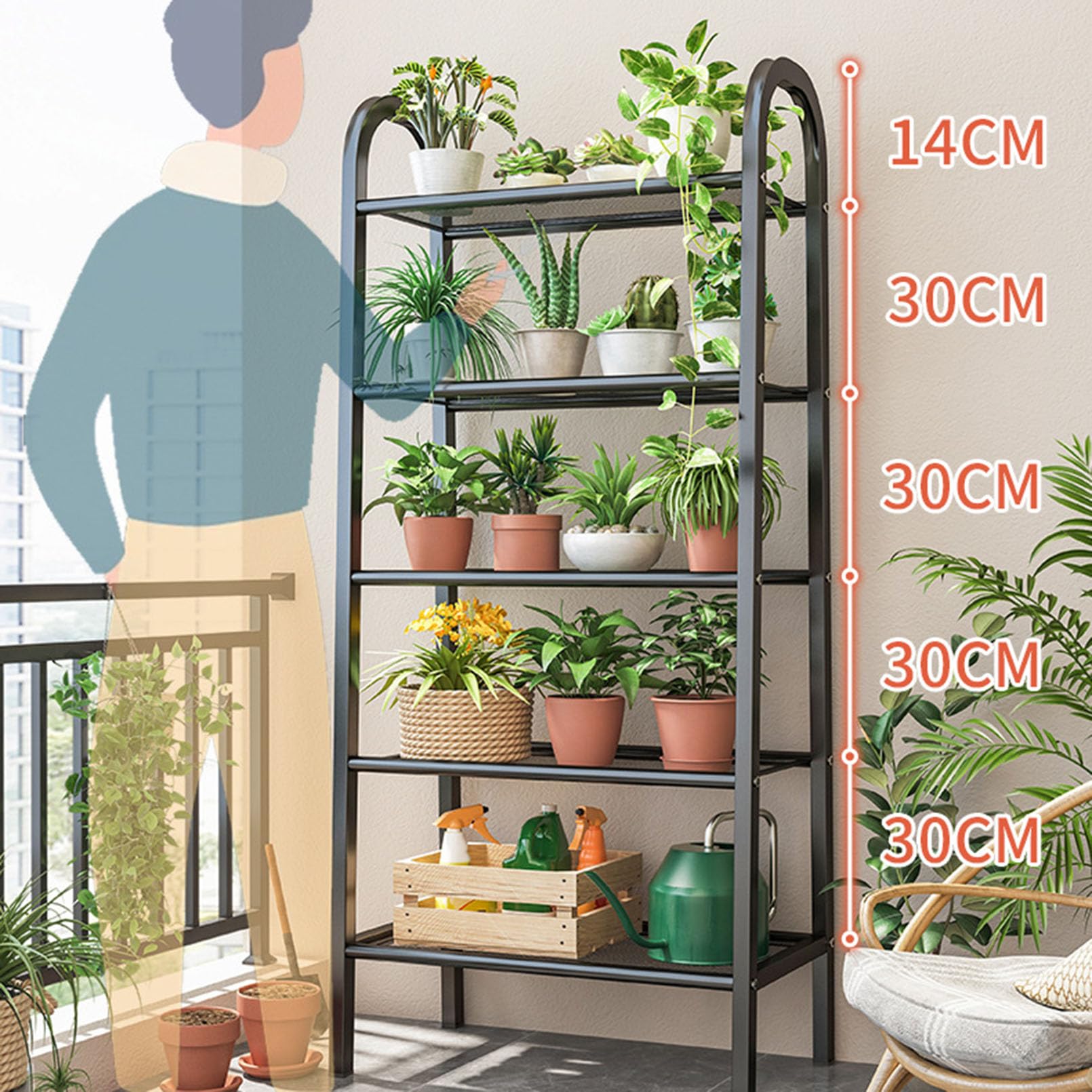 Metalowy stojak na rośliny, 150 cm, 5-poziomowa półka na kwiaty do wewnątrz, na zewnątrz, stojak na kwiaty do narożnika, ogrodu, patio, trawnika, balkonu, dekoracji biurowej"