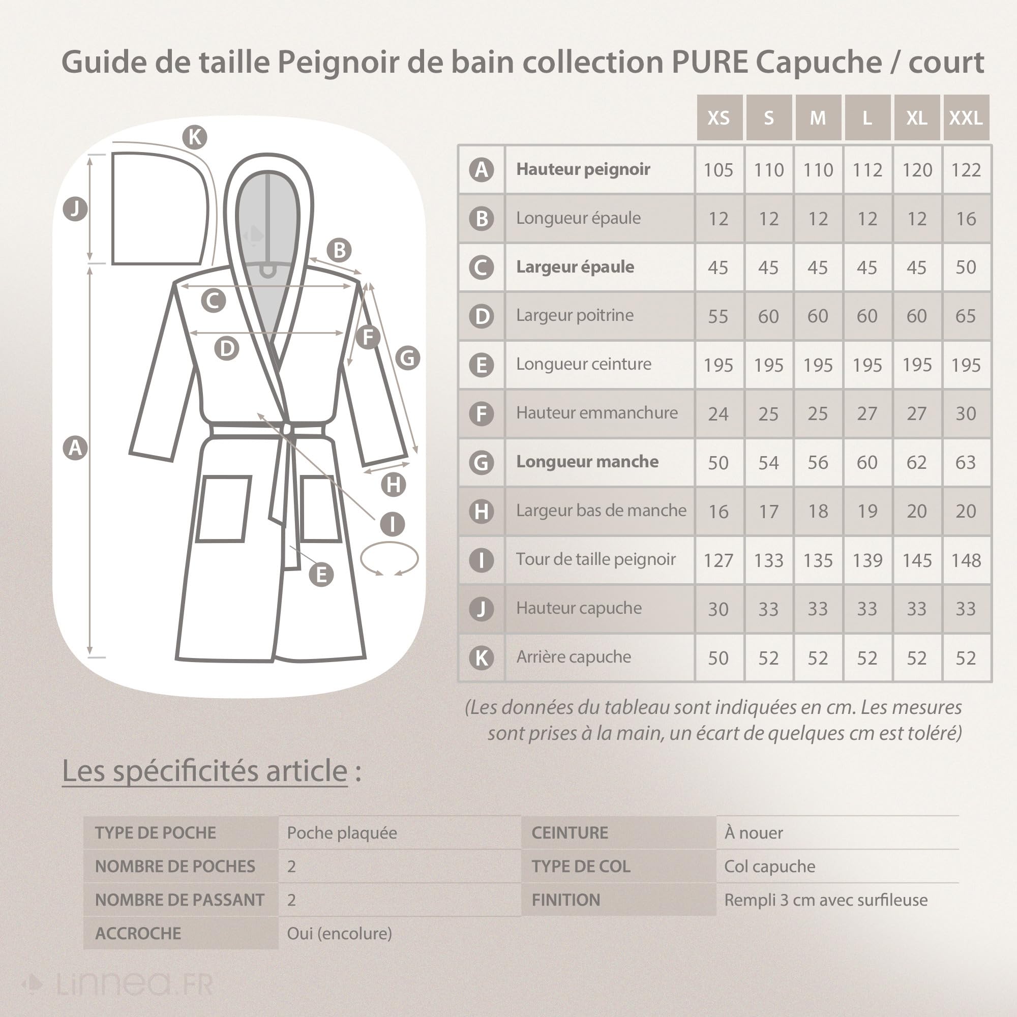 Linnea Peignoir à Capuche Adulte Pure Coton XXL Hauteur Courte Blanc