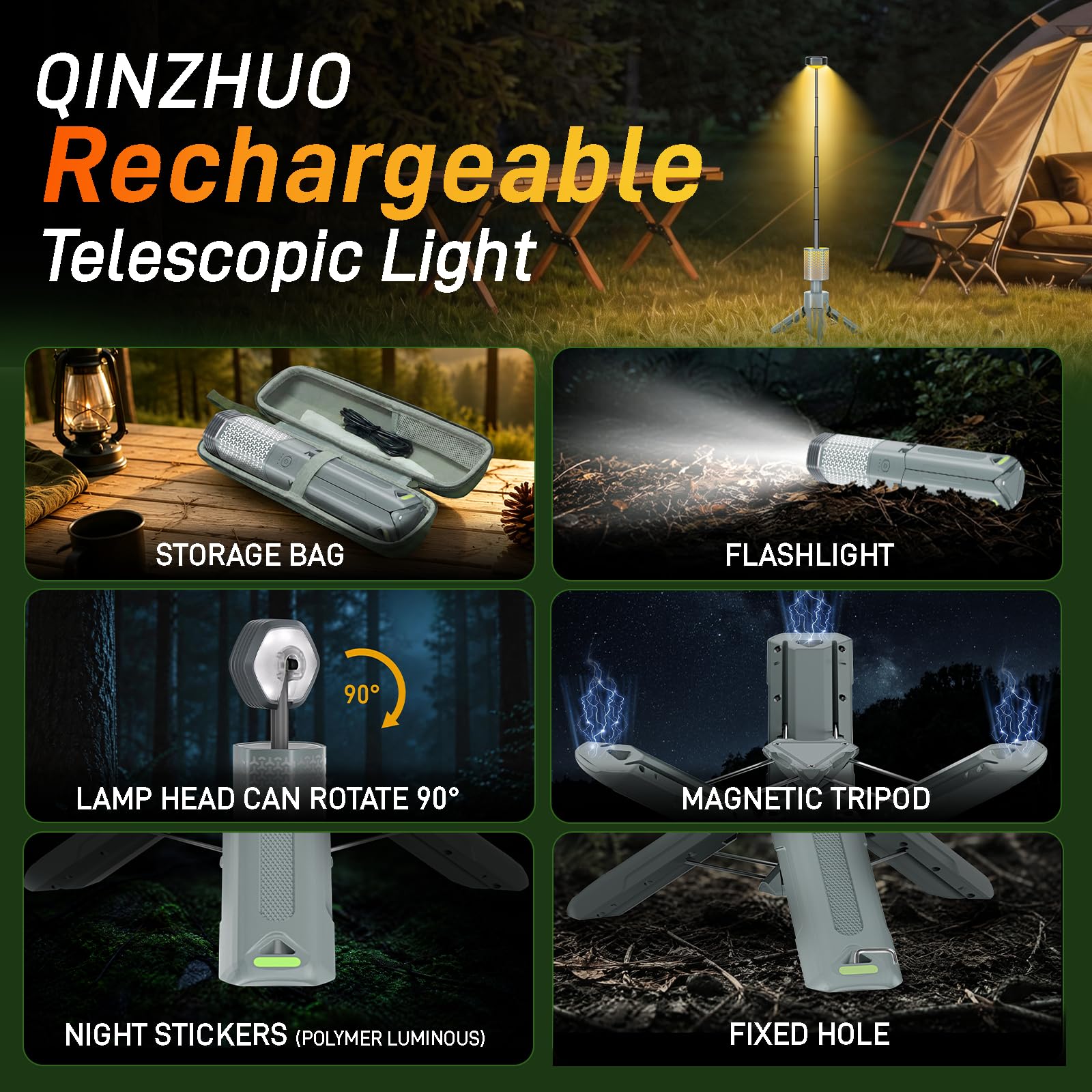 Luces de camping, linterna telescópica de camping con bolsa de almacenamiento, luz de emergencia recargable de 10500 mAh para aventuras al aire libre, luces de trabajo LED impermeables con imán (gris)
