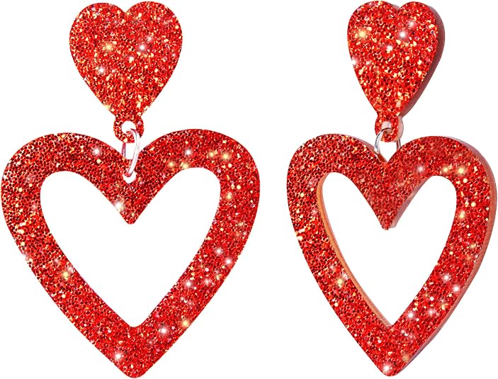 Glitter Heart Earrings Acrylic Double Heart Dangle Earrings for Women Mother Valentines Jewelry Gift for Girlfriend Wife Sister