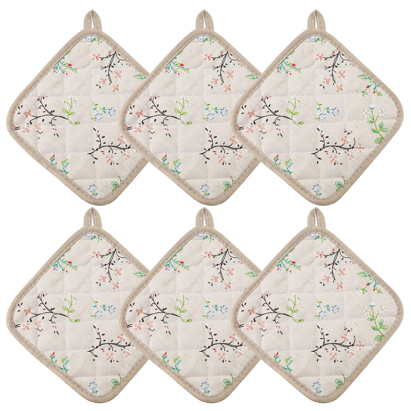 6pcs Pot Holders for Kitchen, Cotton Kitchen Hot Pads, Heat Resistant Oven Mitts and Pot Holders Sets (Khaki Floral Print)