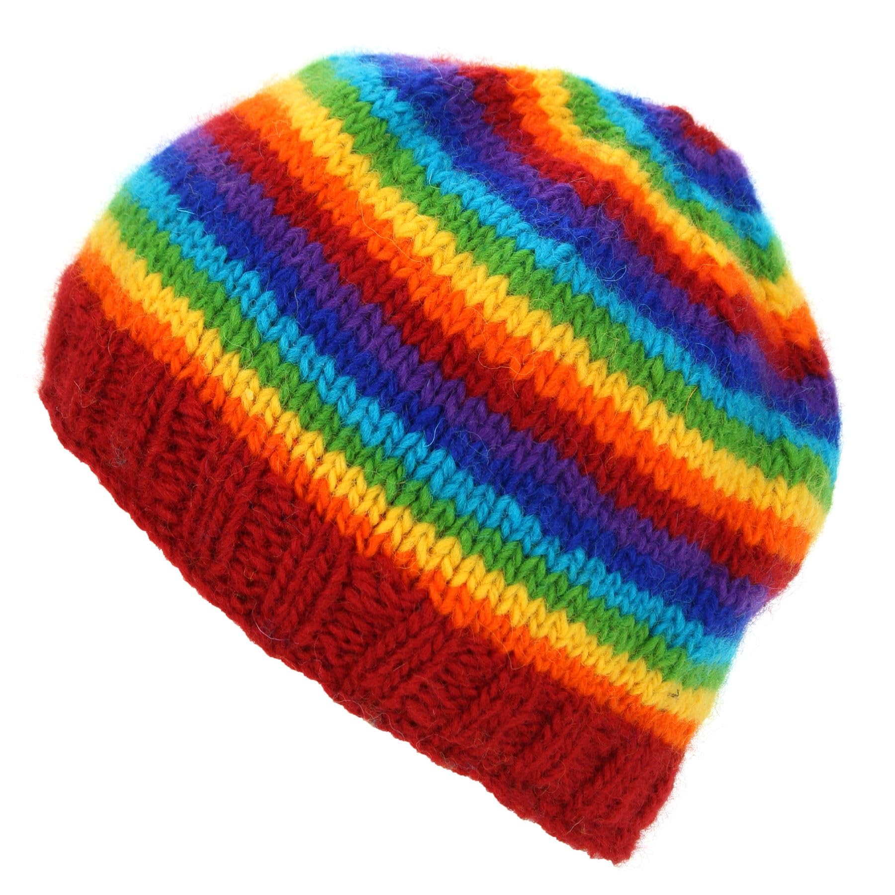 LOUDelephant Hand Knitted Wool Beanie Hat - Stripe Bright Rainbow
