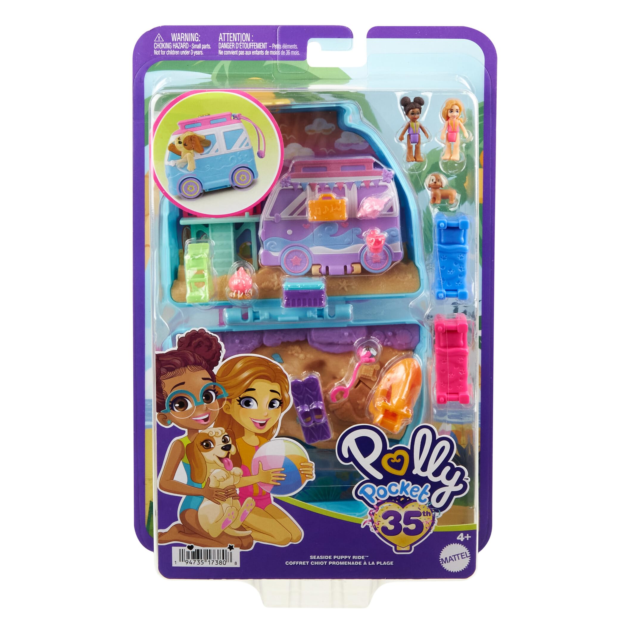 Polly Pocket Estuche Perrito en Caravana Set de Juego con muñecas, Mascota y Accesorios de Playa, Juguete +4 años (Mattel HRD36)