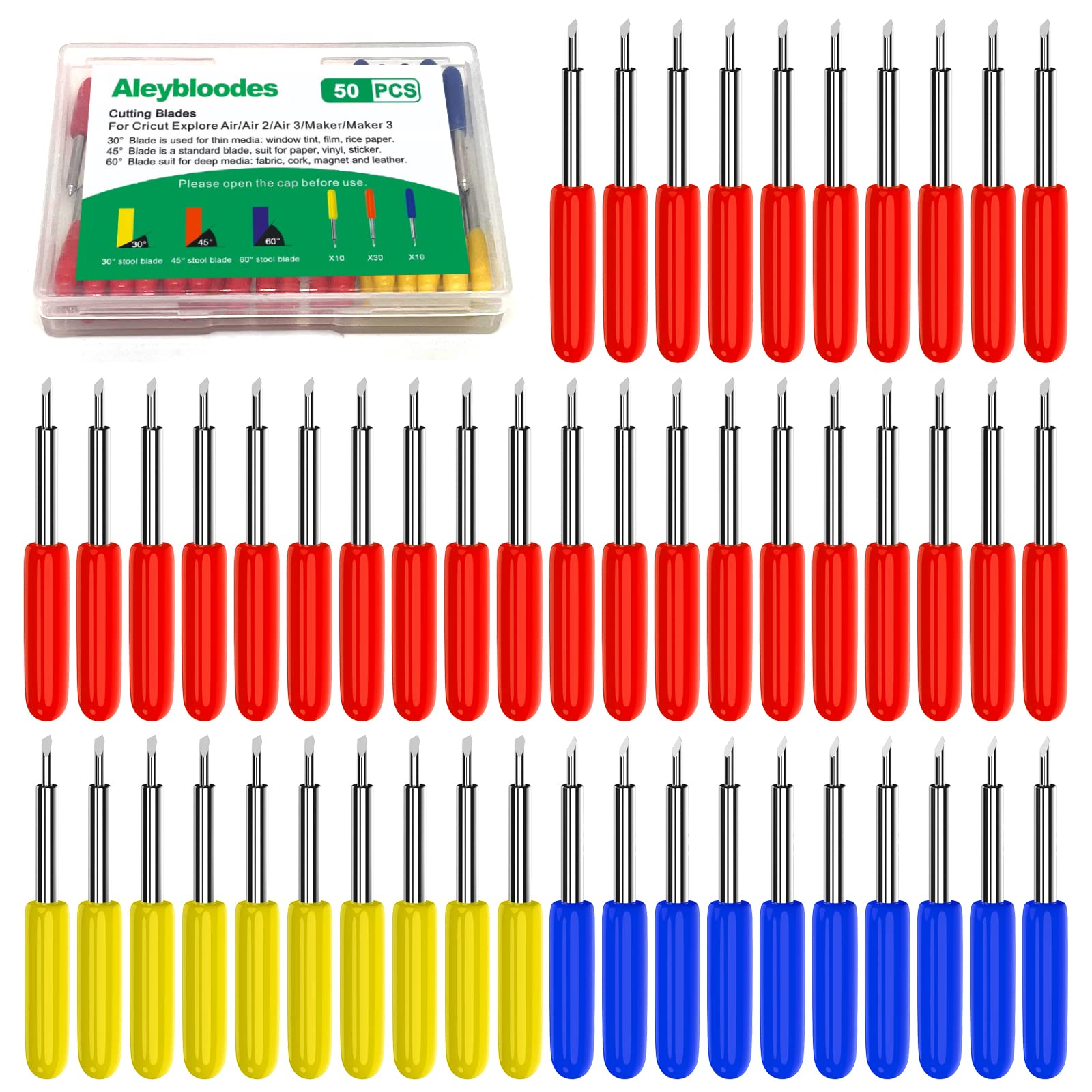 50PCS Cutting Blades for Cricut Explore Air/Air 2/Maker, Including 10PCS Fine-Point Blades, 30PCS Standard Blaeds and 10PCS Deep Cutting Blades for Replacement Cricut Blades (Color Mixing-50PCS)