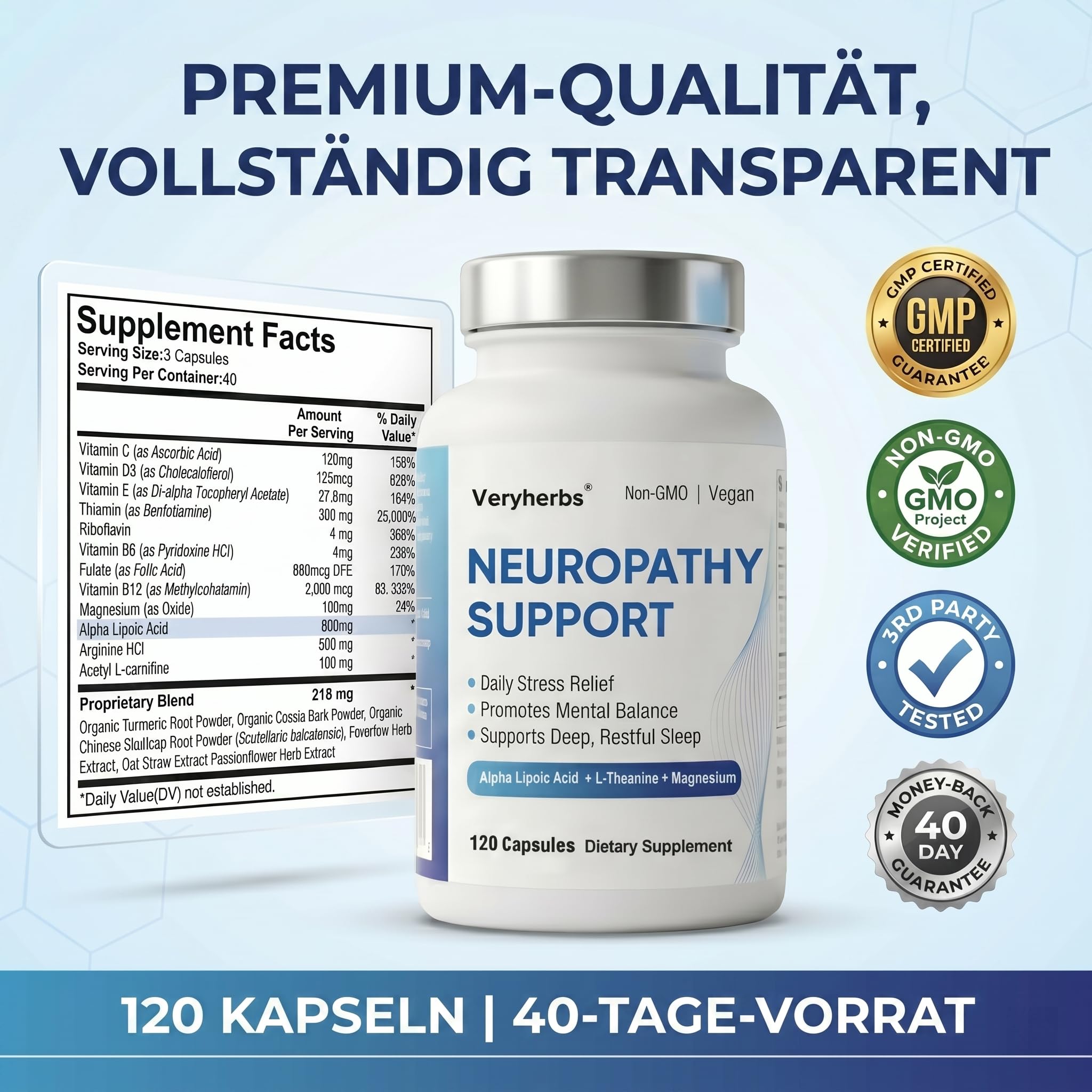 Nerve Support Supplement - Alpha-Liponsäure (Alpha Lipoic Acid) 650mg | Hochdosiert zur Unterstützung Nervensystem, Fortschrittliche Formel für Komfort an Händen, Füßen und Zehen, 120 Kapseln