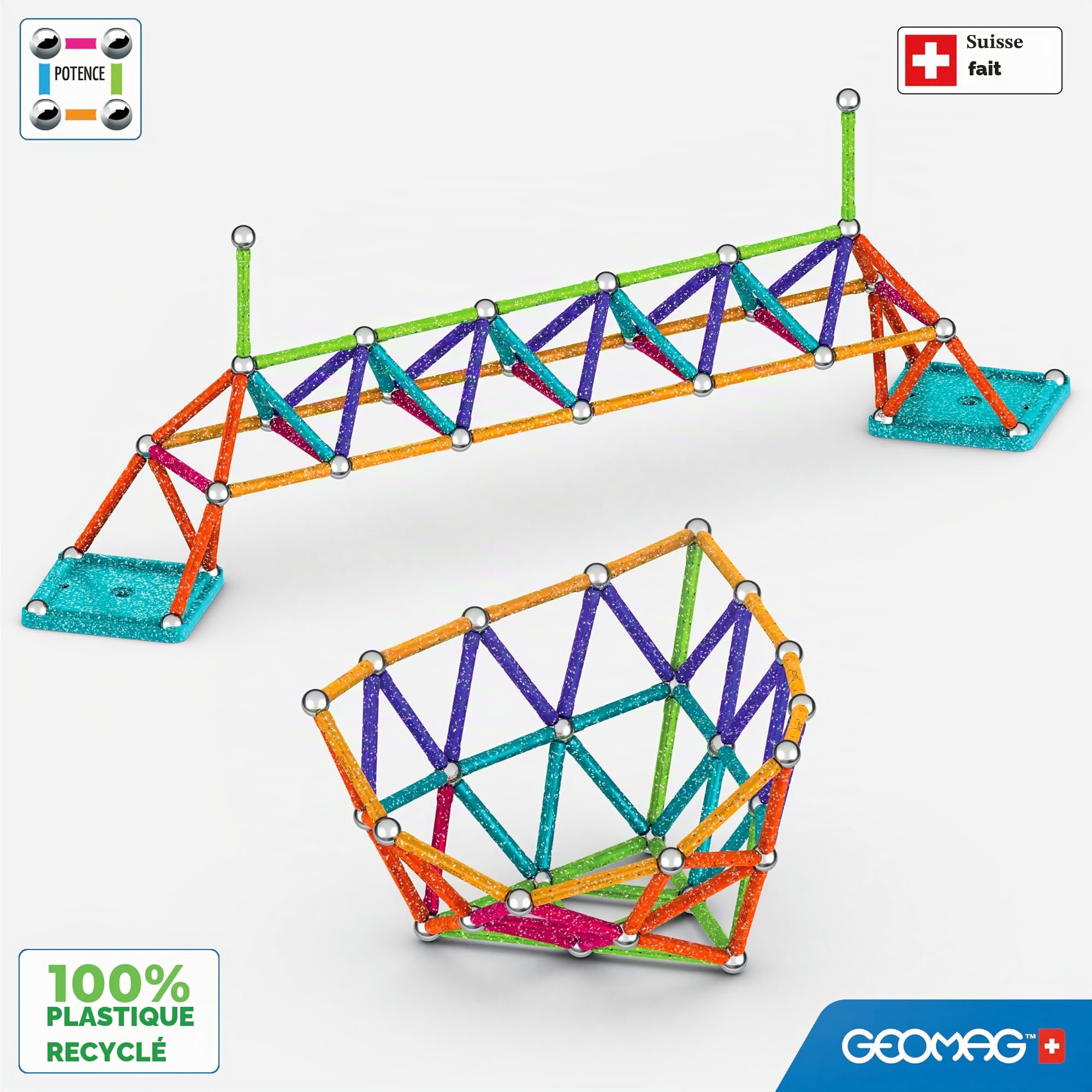 Geomag, Glitter Recyclé, Constructions magnétiques à Effet pailleté, Barres magnétiques pailletées et colorées, Paquet de 142 pièces, 100% Plastique recyclé