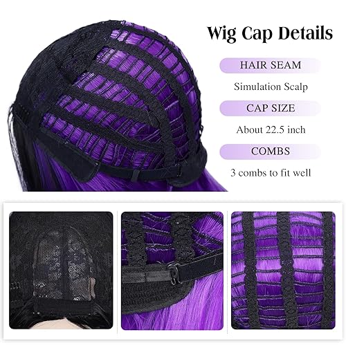 Miniatura 8 de Fancy Hair Ombre Purple Short Straight Wigs Middle Part Shoulder Length Purple Dark Roots Natural Synthetic Wigs for Women Daily Party Cosplay Raven