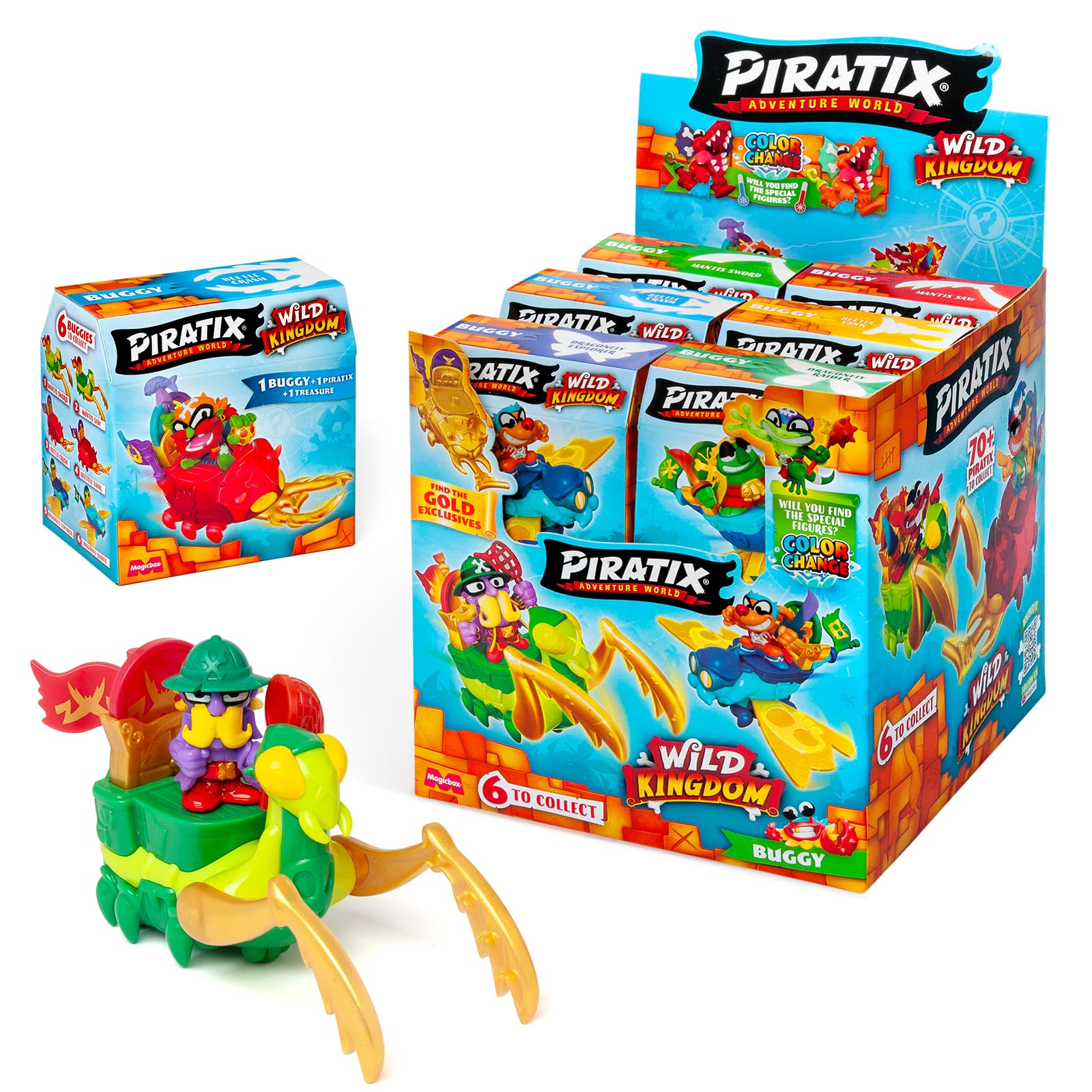 PIRATIX Adventure World Serie Wild Kingdom – Display con 12 Buggies. Cada Caja Tiene 1 Buggy Sorpresa, 1 Piratix, 1 Accesorio, 1 Bandera y 1 Tesoro Exclusivo Que cambian de Color