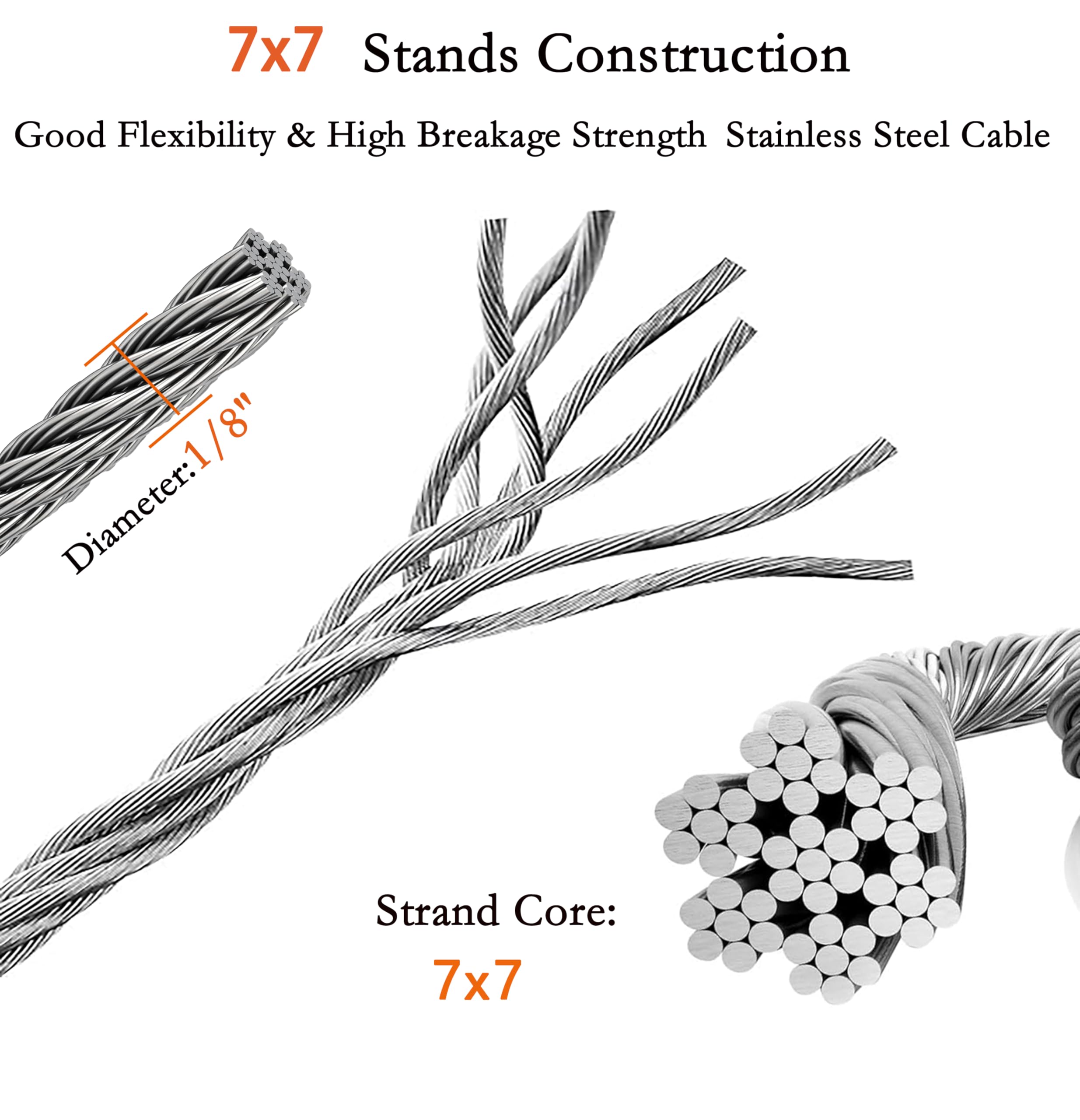 1/8 Inch Stainless Steel Wire Rope Cable Kit,100 ft Length 1/8“ Wire Cable 7x7 Strands with Sleeves, Thimbles, Clips, for Climbing Plants, Deck Railing, Fencing, Outdoor Hanging