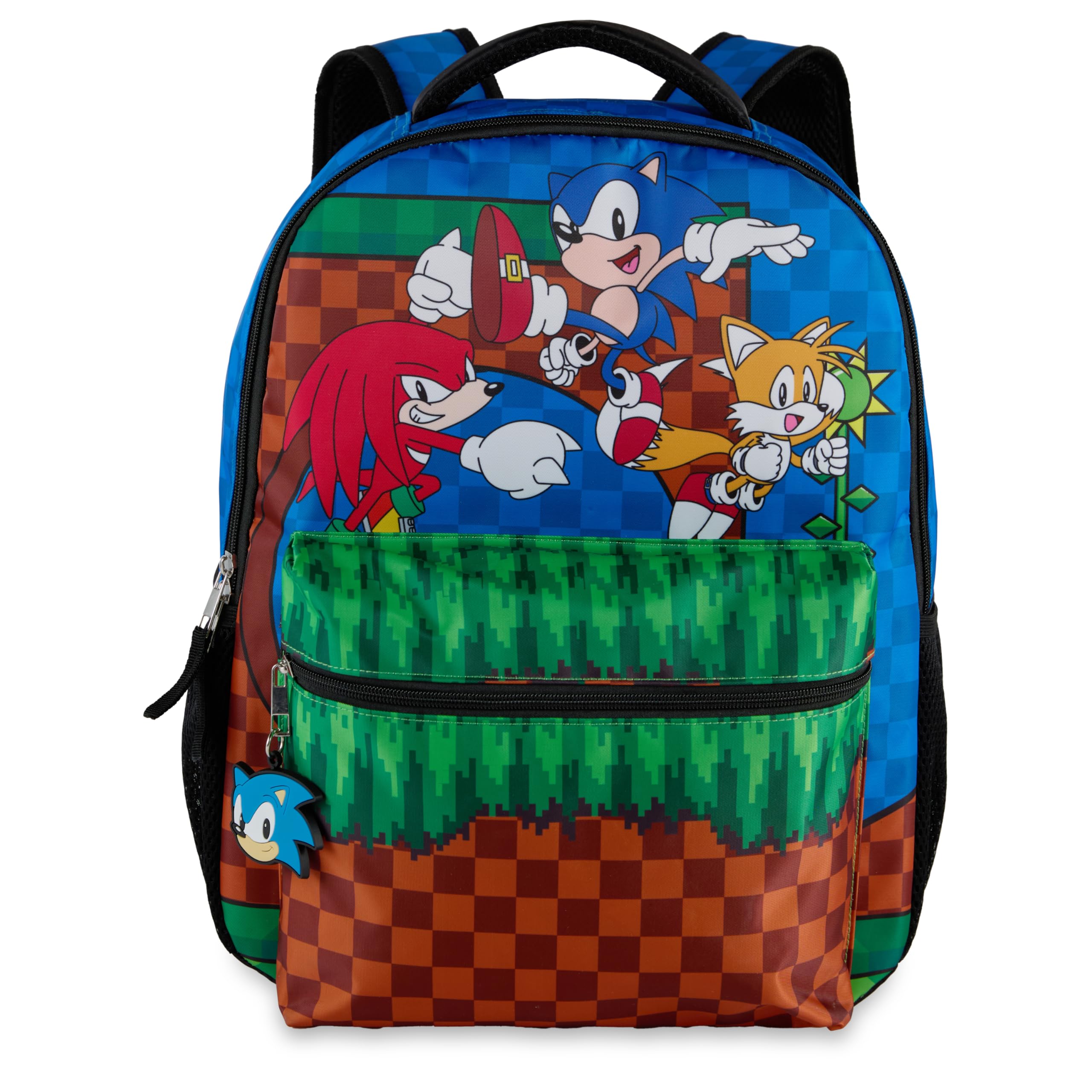 AI ACCESSORY INNOVATIONS Sonic The Hedgehog Backpack, Boys & Girls Featuring Sonic, Tails, and Knuckles,16” Bookbag w/Molded Sonic Dangle, Blue