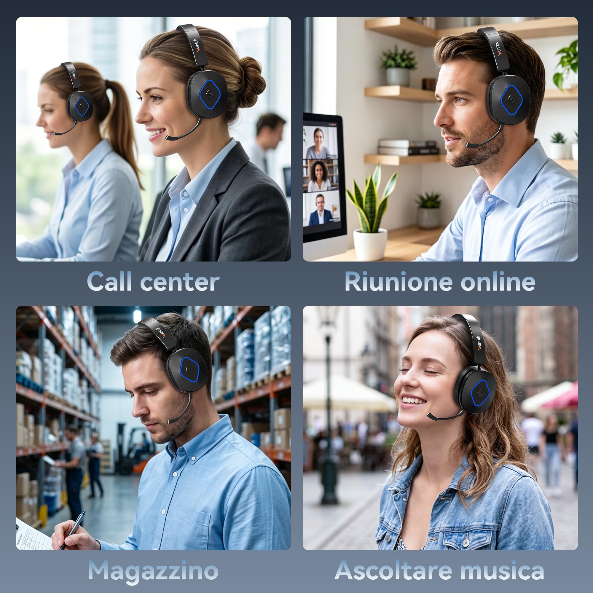 Wantek Cuffie Bluetooth con Microfono, Base di Ricarica e Dongle USB, Bluetooth 6.0, Riduzione del Rumore Microfono, Connessione Multipoint, per PC, Laptop, Teams, Zoom e Ufficio, call center