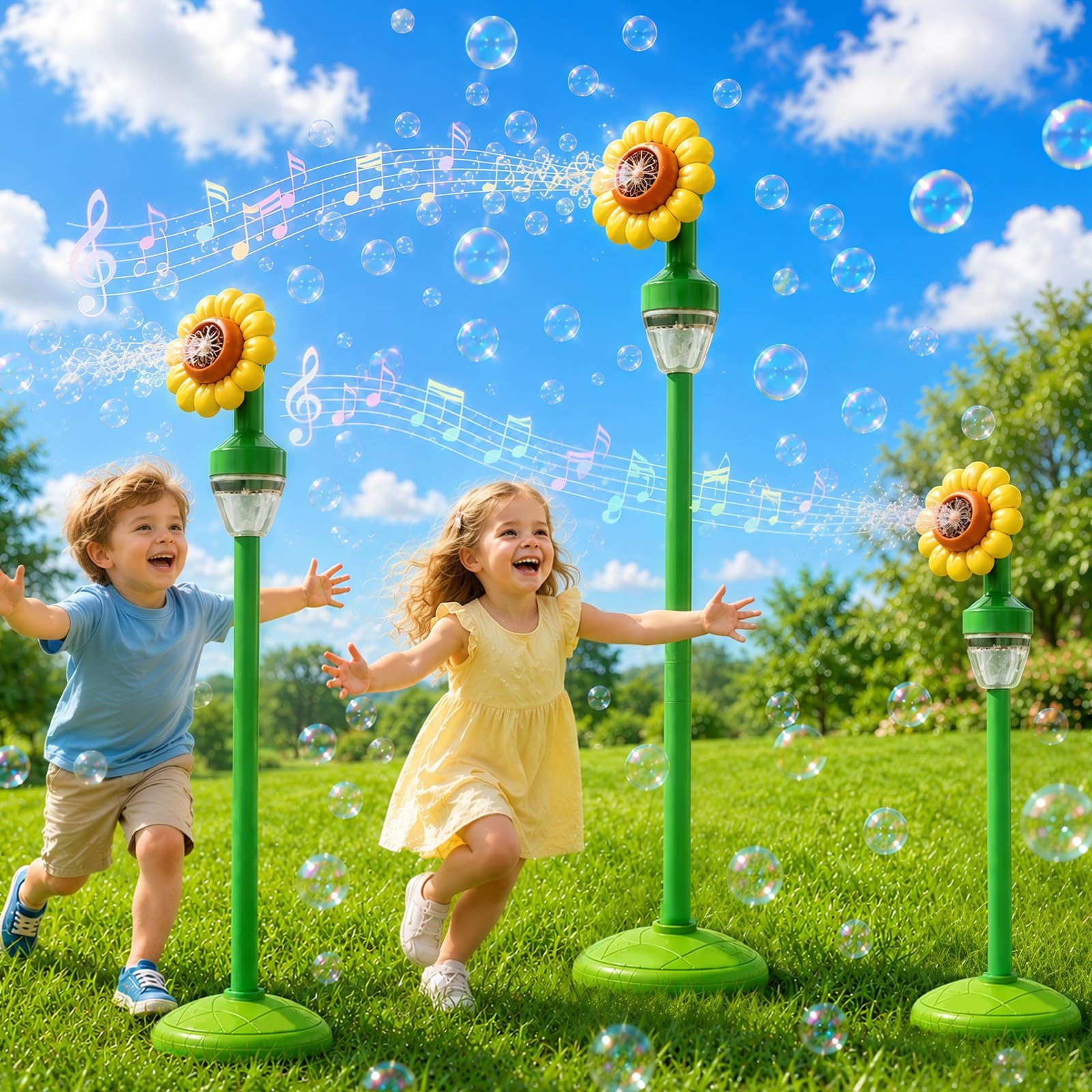 Máquina de burbujas de jabón para niños, girasoles, de pie, con batería, con luz LED y música, 150 ml + 20 x líquido de burbujas para cumpleaños/fiesta/boda