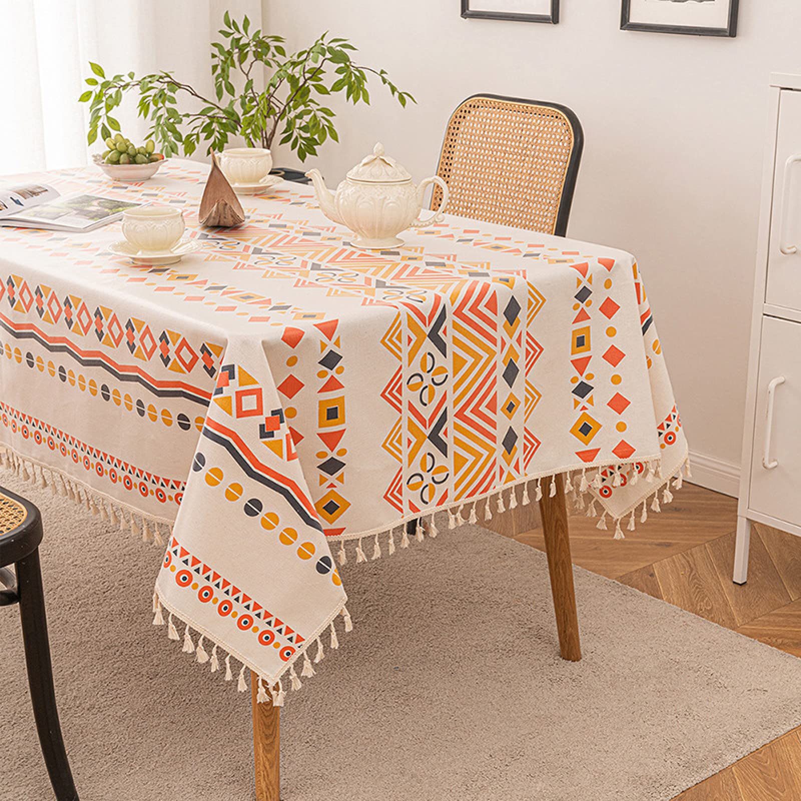 PHLCF Cotton Linen Table Cloth 140x180cm Tassel Waterproof Rectangle Tablecloth Cotton Linen Table Cover Oil Spill Proof Wrinkle Resistant Table Cloth for Dining, Kitchen