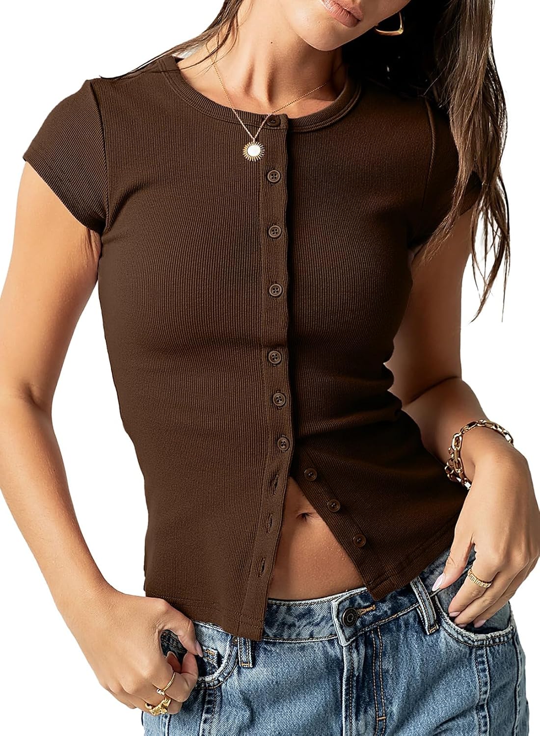 Sidefeel Women's Ribbed Short Sleeve Top Button Down Slim Fit Tops