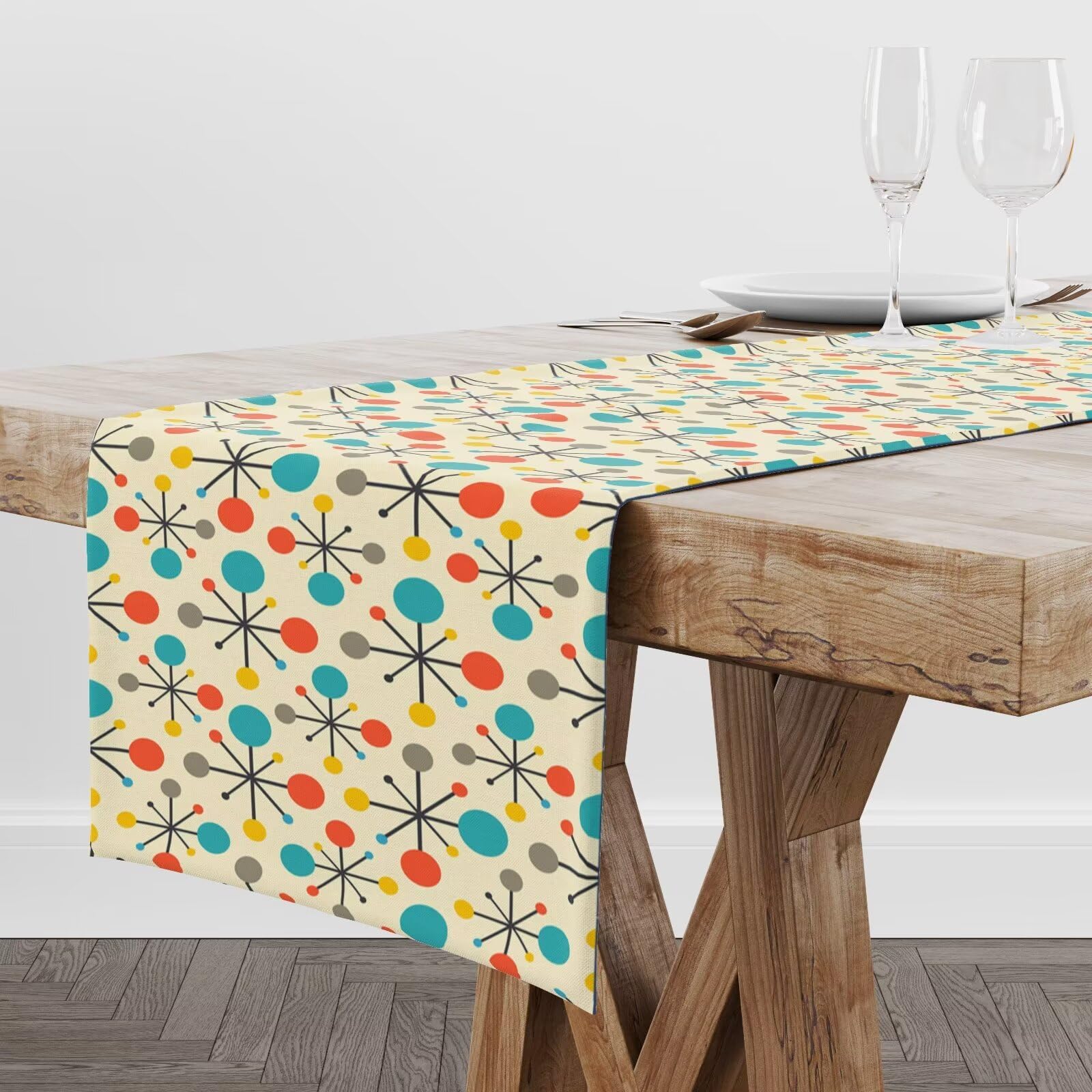 Mid Century Table Runner, Modern Atomic Pattern Absctract Geometric Retro 1950S 1960S Dinner Runner for Home Kitchen Dining Table Decoration 13x70