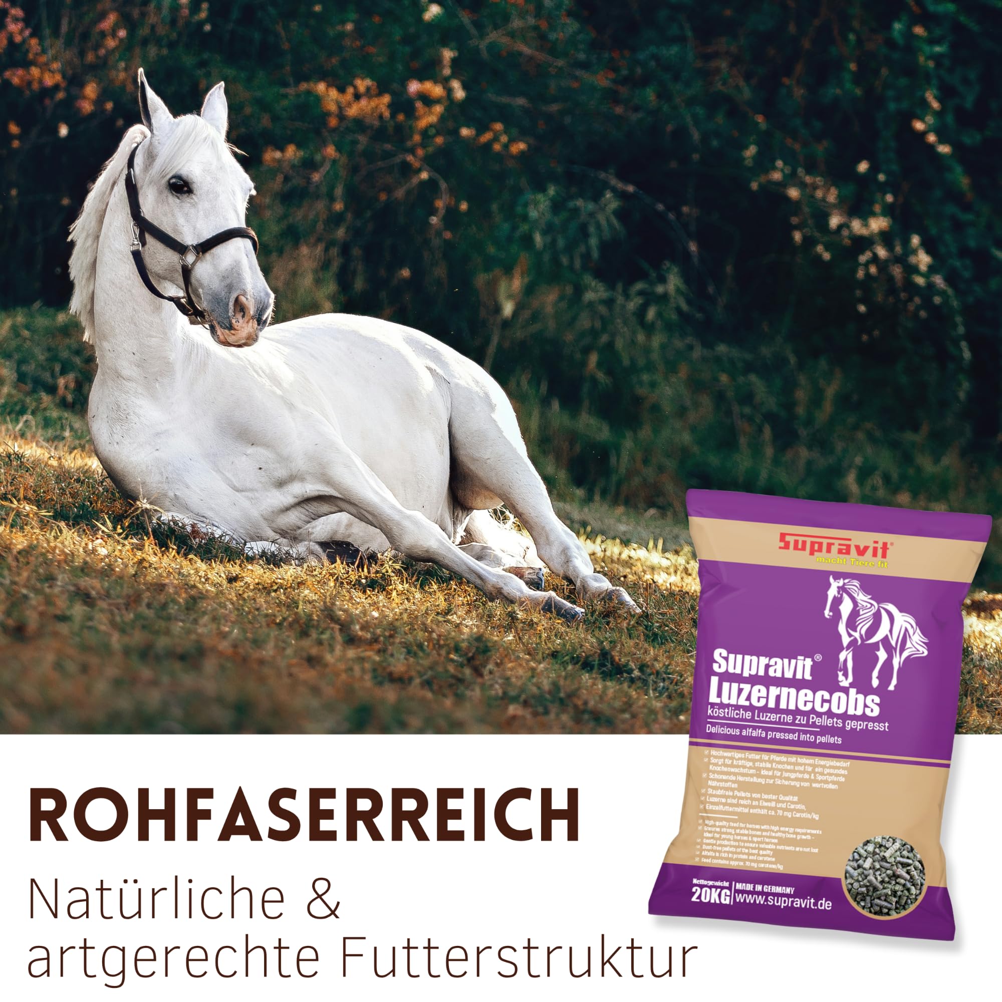 Supravit Luzernecobs 20kg - energiereiches Pferdefutter I Luzernepellets mit hohem Anteil an Carotin I liefert wichtige Mineralien für alle Pferde