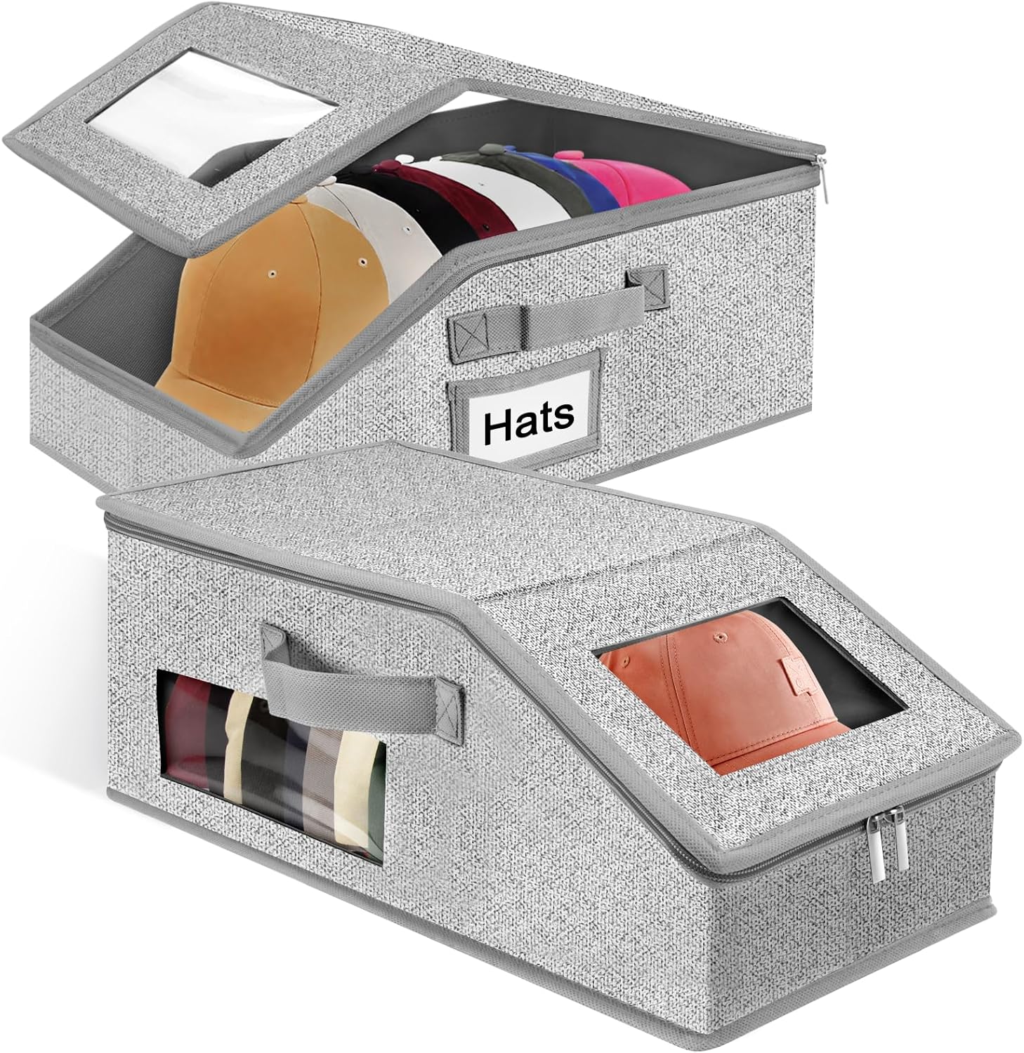 Yotako 2 PCS Stackable Hat Storage for Baseball Caps,Clear Hat Storage Box with Cardboard Holds up to 24 Caps, Baseball Caps Storage Organizer with Hard Lid and Handle Design for Closet Use, Grey