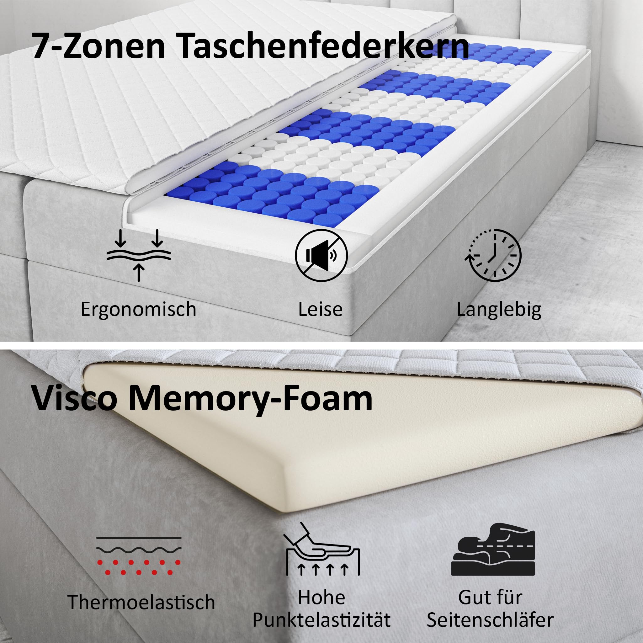 MOTIVENA Bari Boxspringbett 180x200 Beige Boucle, mit Taschenfederkern-Matratze (H3), mit Visco Memory-Foam Topper (H2), Boxspringbett 180x200 mit Bettkasten Beige