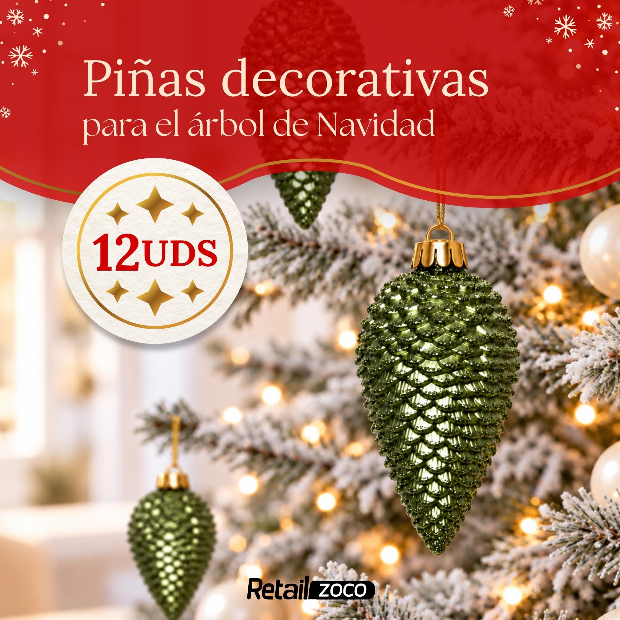 Piñas de Navidad, Adornos Arbol Navidad, 12 Piezas, Verde - imagen 2