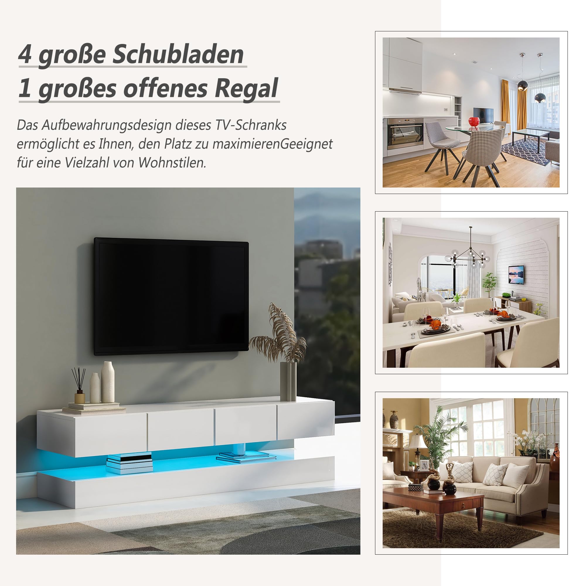 Meuble TV avec 2 armoires 4 tiroirs Mural avec éclairage LED Armoire Murale pour téléviseur Jusqu’à 55 Pouces Lowboard pour Salon Table TV Blanc