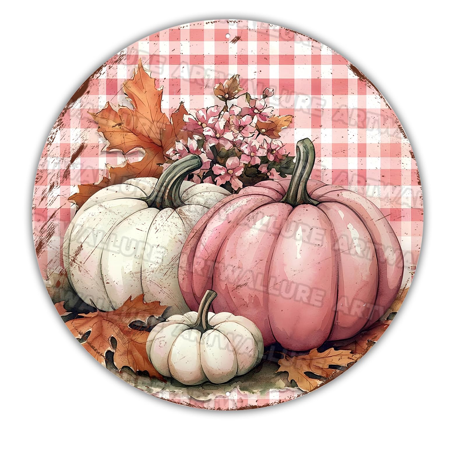 Round Pink Pumpkins Fall Wreath Sign Thanksgiving Pumpkin Metal Tin Sign for Home Livingroom Coffee Bar Farmhouse Idyllic Wall Art Decor Gift 12x12inch