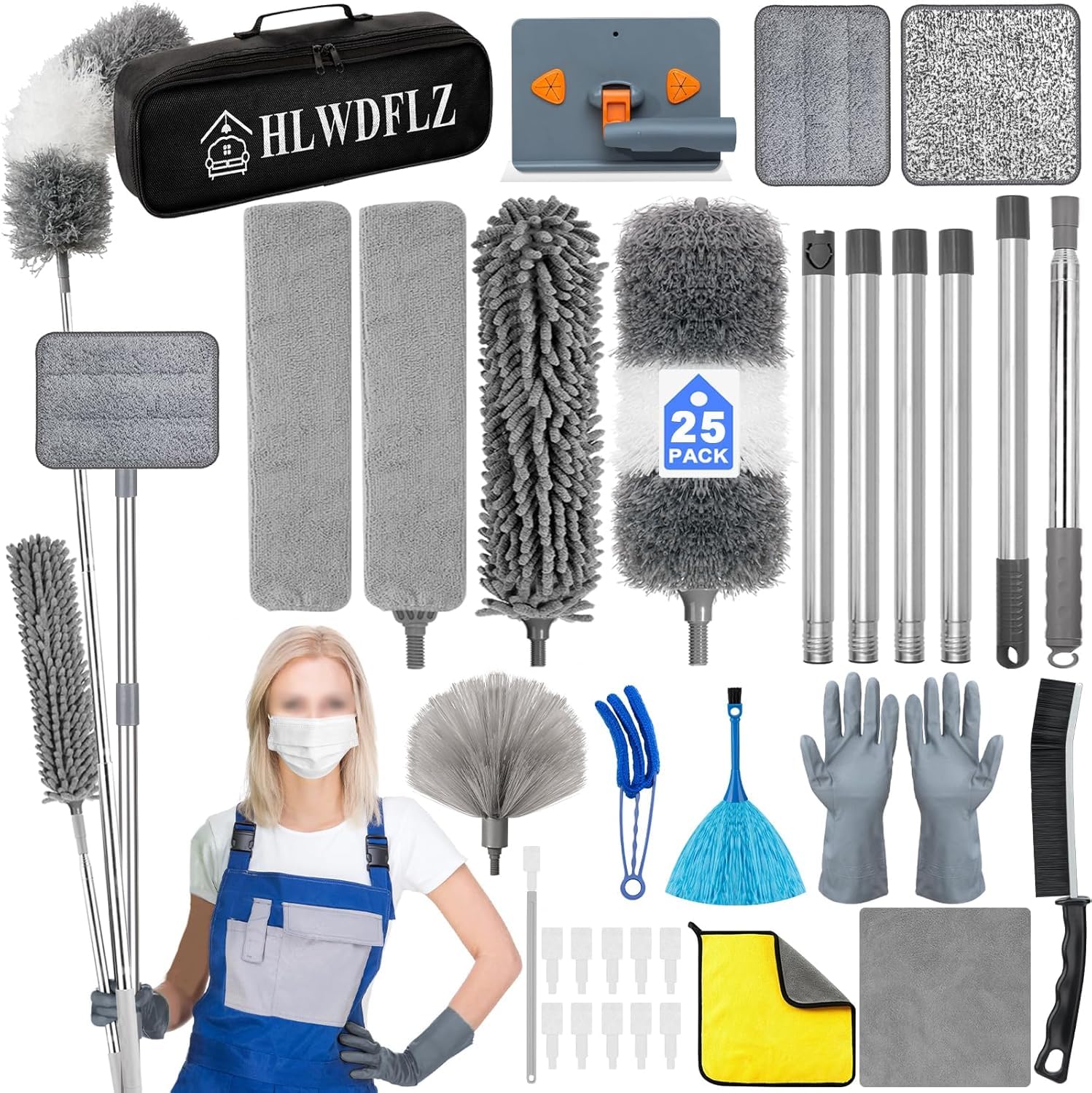 Kit de plumero de microfibra de 25 piezas con poste de extensión de 30 a 100 pulgadas y herramienta de limpieza de zócalos, lavable y flexible para limpiar ventiladores de techo, techos altos,