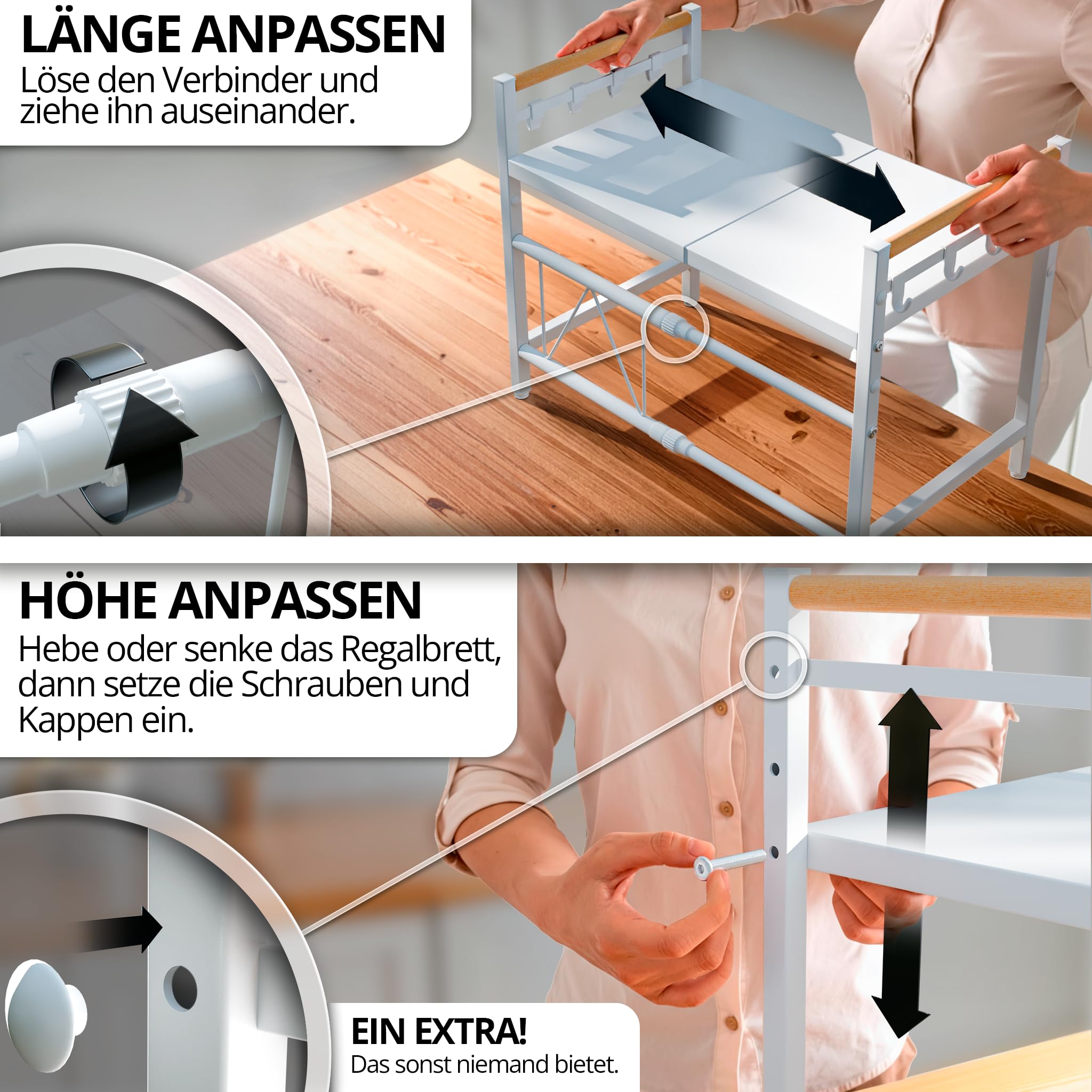 Mikrowellenregal Erweiterbar 40–60 cm – Weißes Küchenregal mit Holzgriffen für Arbeitsplatte, Höhenverstellbarer Mikrowellenständer aus Stahl, Regal für Mikrowelle, Kaffeemaschine & Airfryer