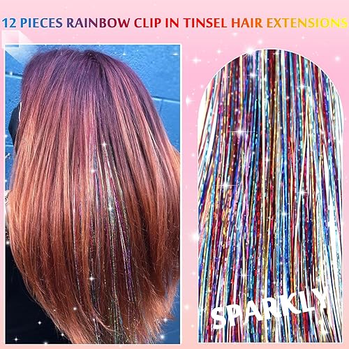 Miniatura 3 de Paquete de 12 extensiones de cabello de oropel con clip, 24 pulgadas, accesorios para el cabello de hada brillante para niñas, mujeres y niños