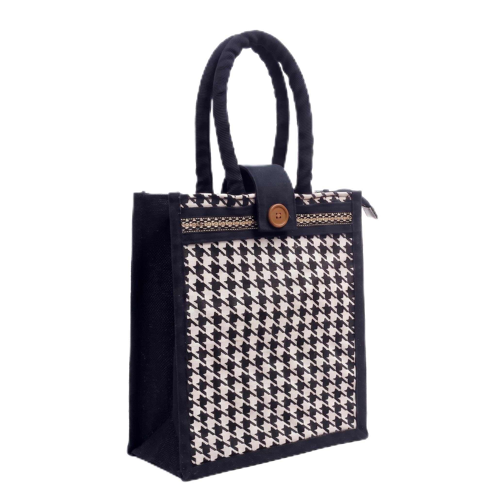 ™ Premium Canvas Tote Bag for Women | Classic Houndstooth Handbag with Zipper & Soft Grip Handles | Multipurpose Bag for Office, College, Shopping & Daily Use (Black & White)-picture-57