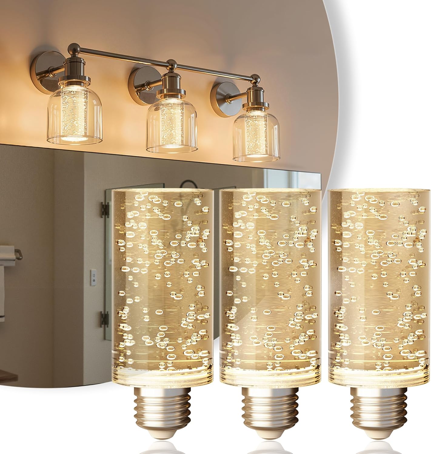 JandCase LED Bulb,5W,3000K,500LM Dimmable E26 Acrylic Bubble Bulb with Ceramic Base, Suitable for E26 Lighting Fixtures Including Chandeliers, Wall Sconces, Table Lamps, and Vanity Lights-3 Pack