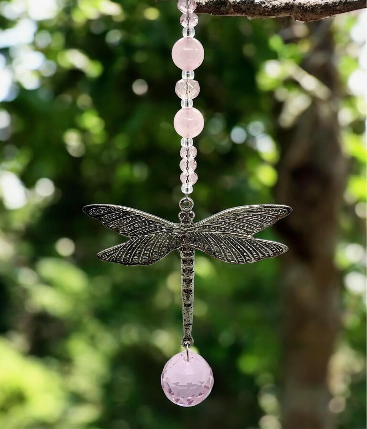 Dragonfly Crystal Car Charm - Rose Quartz Rear View Mirror Ornament with Pink Crystal Ball Prism