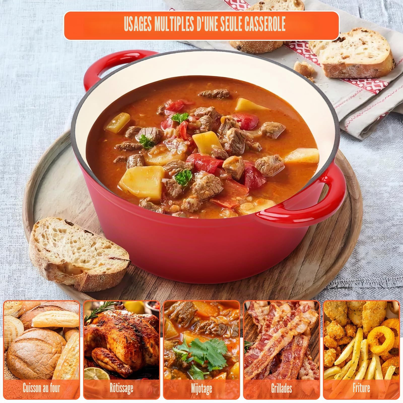 Casserole en fonte émaillée de 28 cm avec couvercle, four hollandais pour tous types de cuisines et induction, accessoires ronds pour pain