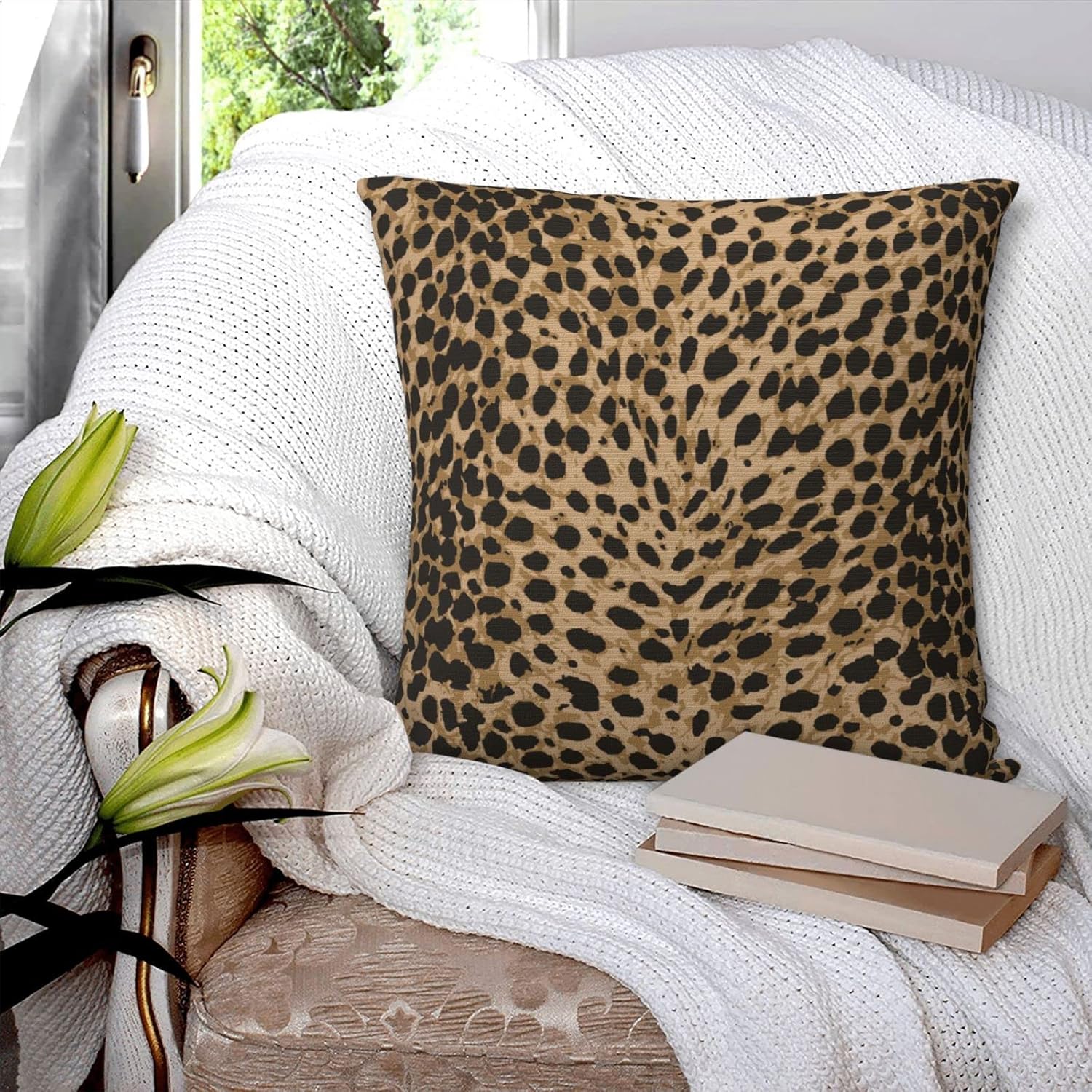 Leopard Texture Throw Pillow Covers Set of 4 Decorative Pillowcase Animal Skin Print Throw Cushion Case for Bedroom, Living Room, Sofa, Couch and Bed, 18x18 Inch