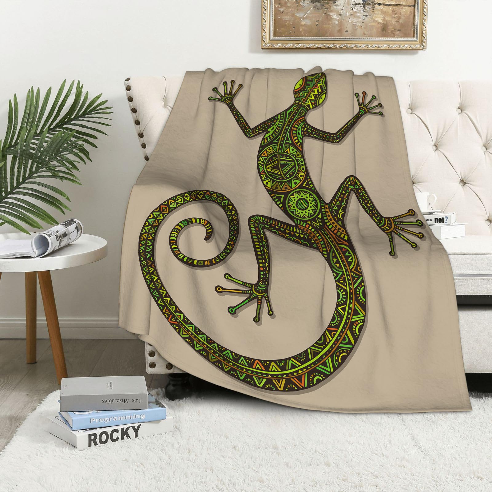 Couverture polaire flanelle motif lézard ethnique, idée cadeau originale