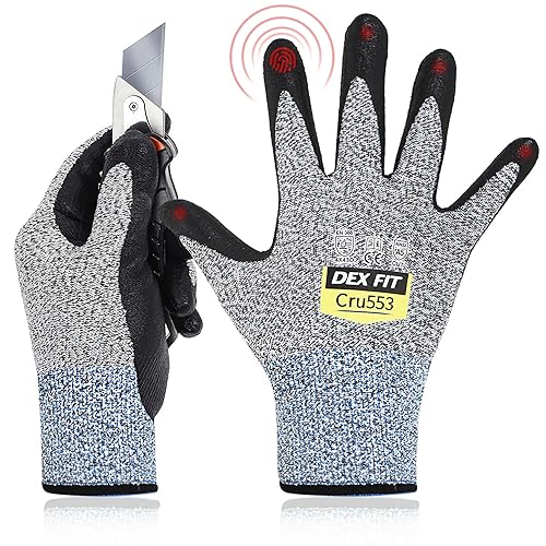 DEX FIT Cru553 - Guantes resistentes a cortes nivel 5, ajuste cómodo 3D, agarre firme, delgados, ligeros, compatibles con pantalla táctil y lavables