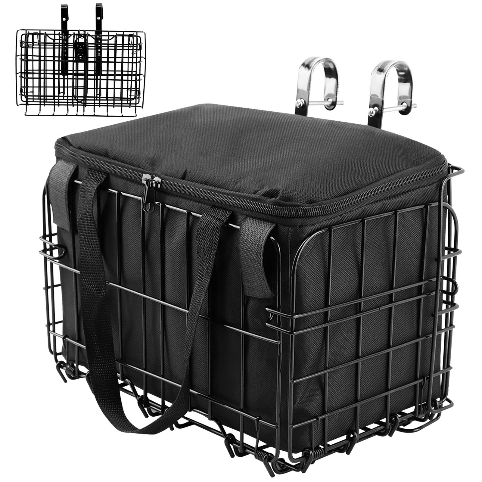 NINEFOX Folding Bike Front Basket with Removable Liner Bag, Black, Steel + Oxford Cloth, Handlebar/Rack Mount, 13.39x7.87x9.06inch, 20kg Capacity