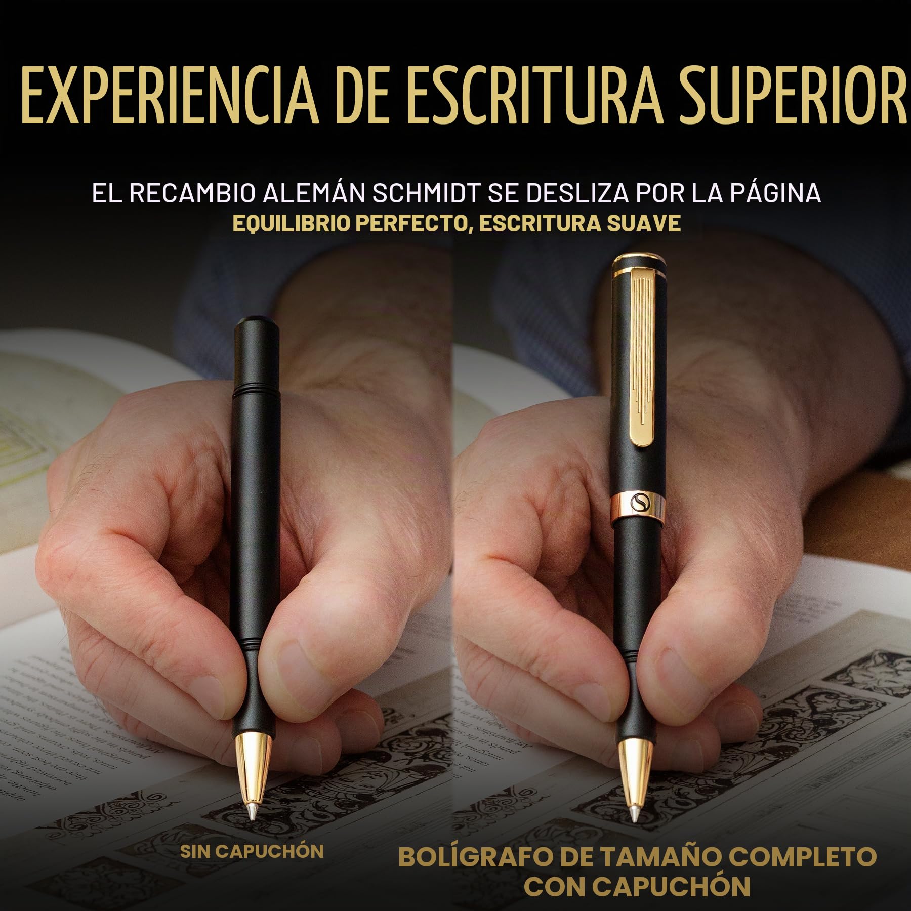 Scriveiner Bolígrafo Rollerball EDC Negro de Lujo, Impresionante Bolígrafo de Bolsillo con Acabado en Chapado en oro auténtico, Recambio Schmidt Alemán, Buen Regalo, Elegante Set de Diseño