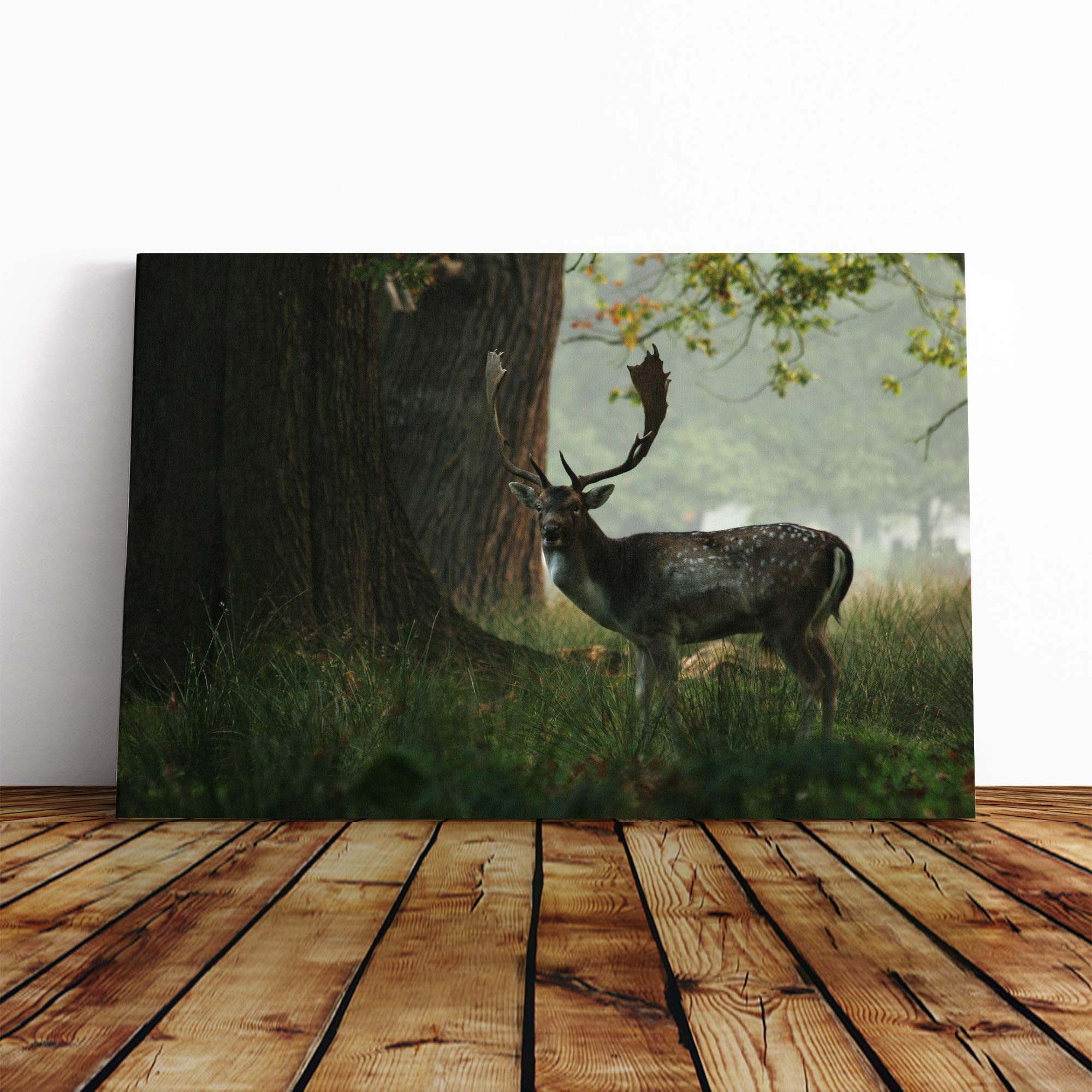 Stag in Woodland Landscape Canvas Print | Gallery Wrapped 30mm Frame Wall Art | 30x20 inches | Ready to Hang | Modern Animals Picture | Living Room Bedroom Lounge Office