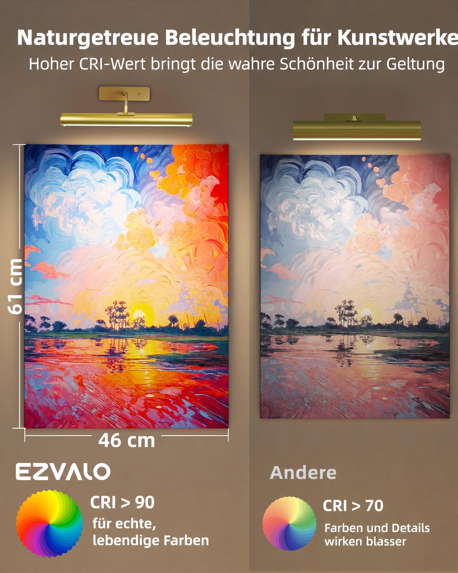 EZVALO Bilderleuchte Kabellos, 33 cm LED Bildbeleuchtung mit 4000mAh wiederaufladbarem Akku, Fernbedienung, Dimmbar, 3 Farbtemperaturen, Wandlampe für Bilder und Gemälde